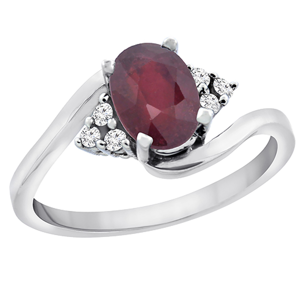 14K White Gold Diamond Enhanced Genuine Ruby Engagement Ring Oval 7x5mm, sizes 5 - 10