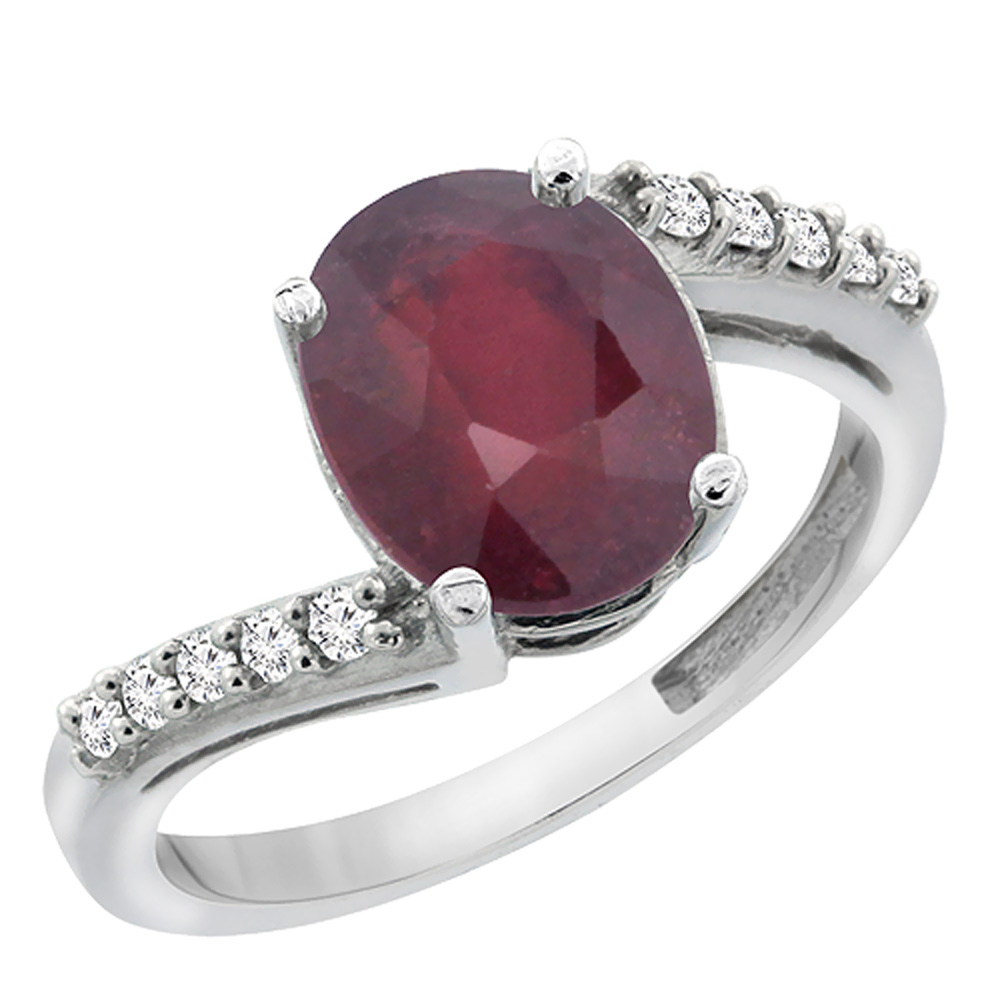 14K White Gold Diamond Enhanced Genuine Ruby Engagement Ring Oval 10x8mm, sizes 5-10