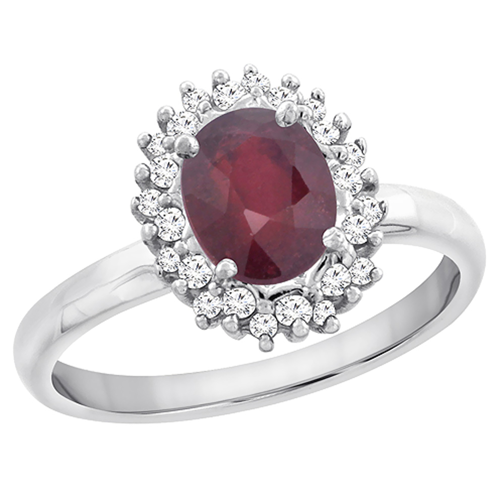 10K White Gold Diamond Enhanced Genuine Ruby Engagement Ring Oval 7x5mm, sizes 5 - 10