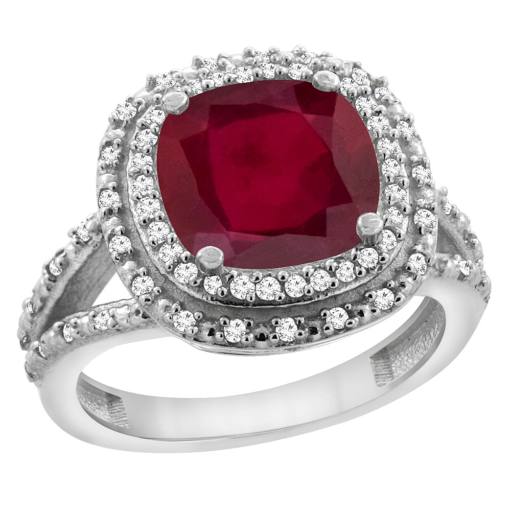 14K Yellow Gold Diamond and Enhanced Genuine Ruby Ring Cushion-cut 8x8 mm, sizes 5 - 10