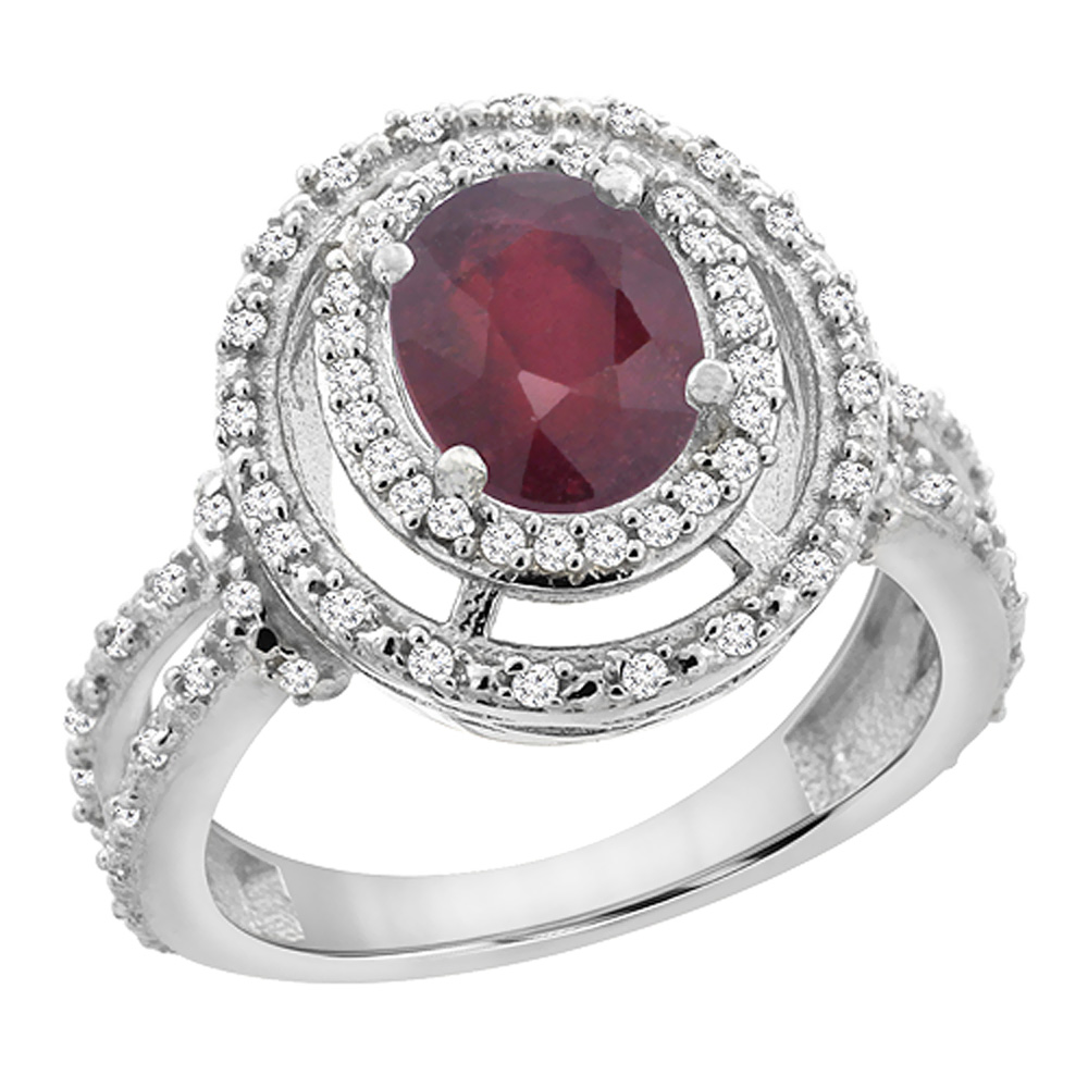 10K White Gold Enhanced Ruby Ring Oval 8x6 mm Double Halo Diamond, sizes 5 - 10