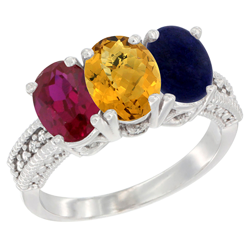 14K White Gold Enhanced Ruby, Natural Whisky Quartz & Lapis Ring 3-Stone 7x5 mm Oval Diamond Accent, sizes 5 - 10