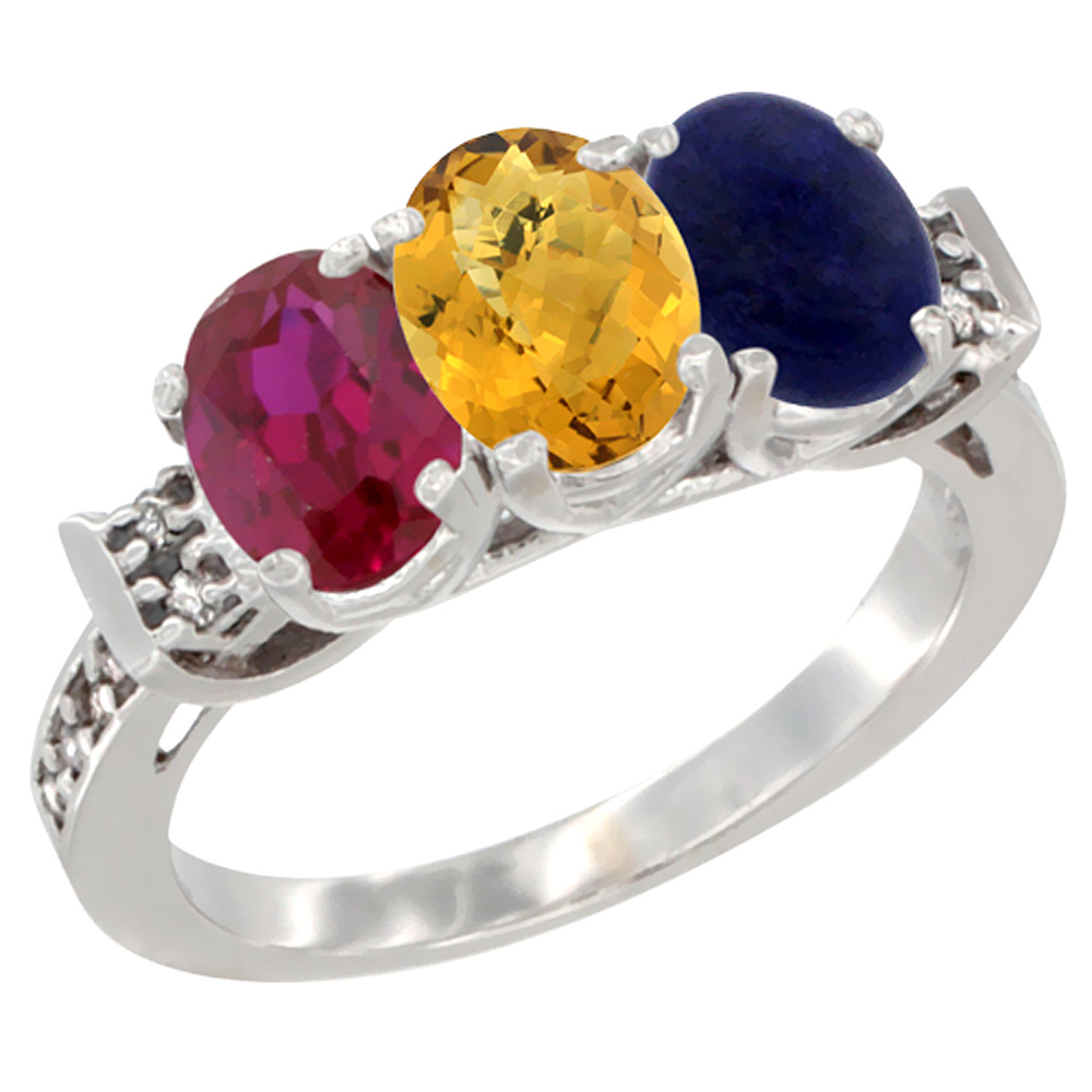 14K White Gold Enhanced Ruby, Natural Whisky Quartz &amp; Lapis Ring 3-Stone Oval 7x5 mm Diamond Accent, sizes 5 - 10