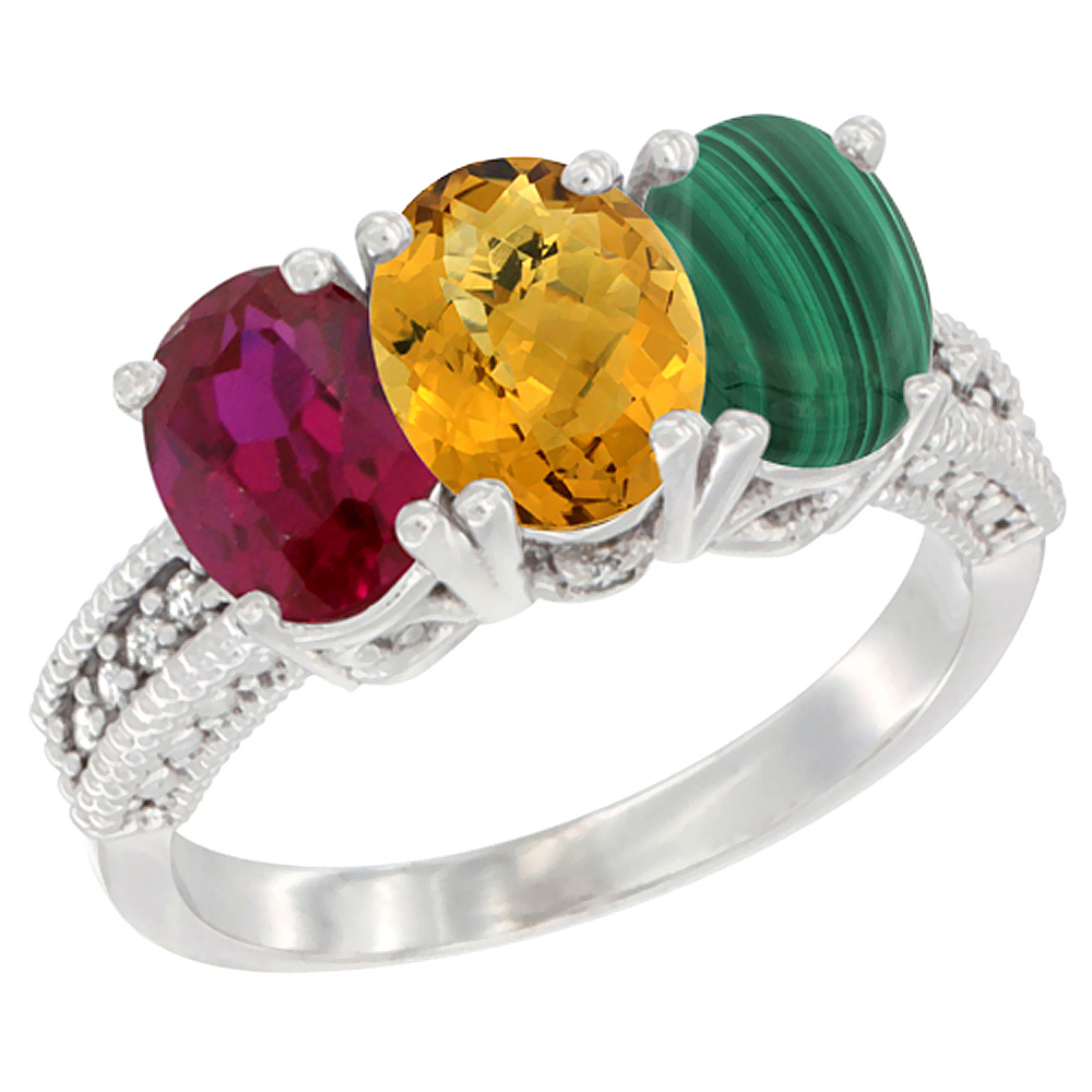 14K White Gold Enhanced Ruby, Natural Whisky Quartz & Malachite Ring 3-Stone 7x5 mm Oval Diamond Accent, sizes 5 - 10