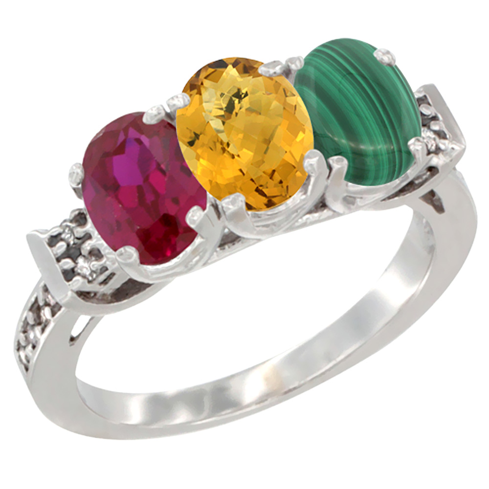 14K White Gold Enhanced Ruby, Natural Whisky Quartz & Malachite Ring 3-Stone Oval 7x5 mm Diamond Accent, sizes 5 - 10