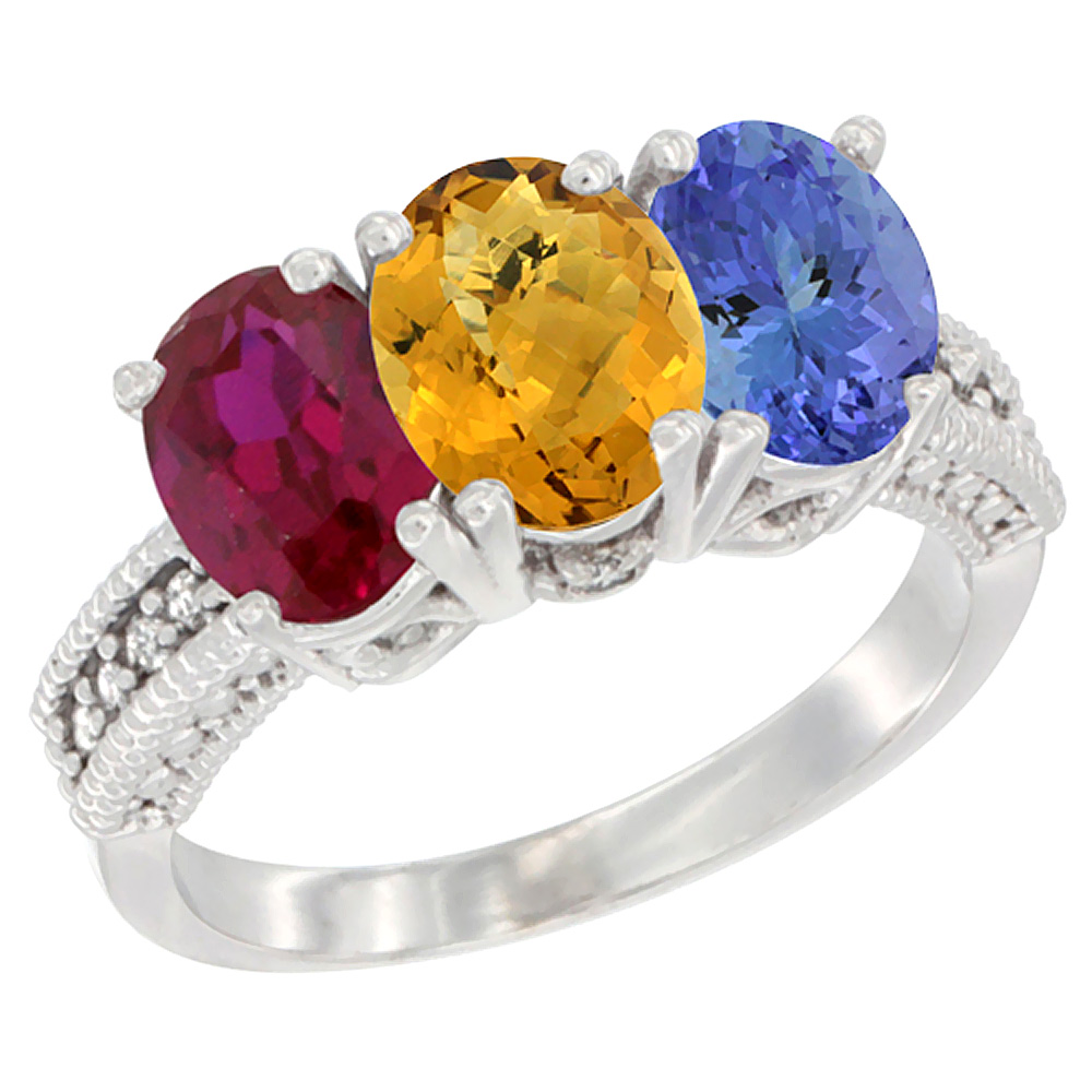 14K White Gold Enhanced Ruby, Natural Whisky Quartz & Tanzanite Ring 3-Stone 7x5 mm Oval Diamond Accent, sizes 5 - 10