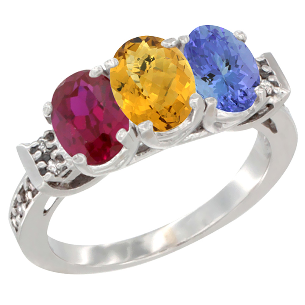 10K White Gold Enhanced Ruby, Natural Whisky Quartz & Tanzanite Ring 3-Stone Oval 7x5 mm Diamond Accent, sizes 5 - 10