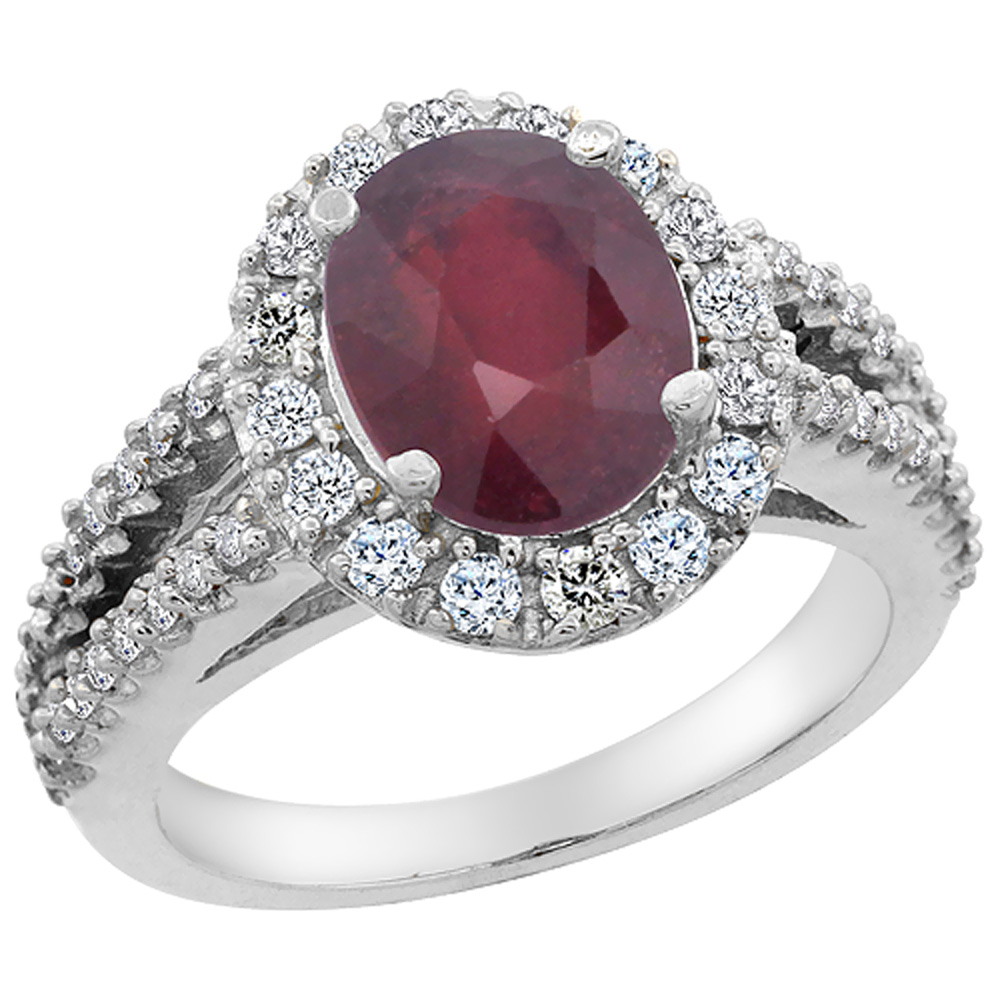 14K White Gold Diamond Enhanced Genuine Ruby Engagement Ring Oval 10x8mm, sizes 5-10