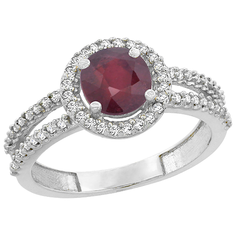 10K White Gold Enhanced Ruby Diamond Halo Ring Round 6mm, sizes 5 - 10