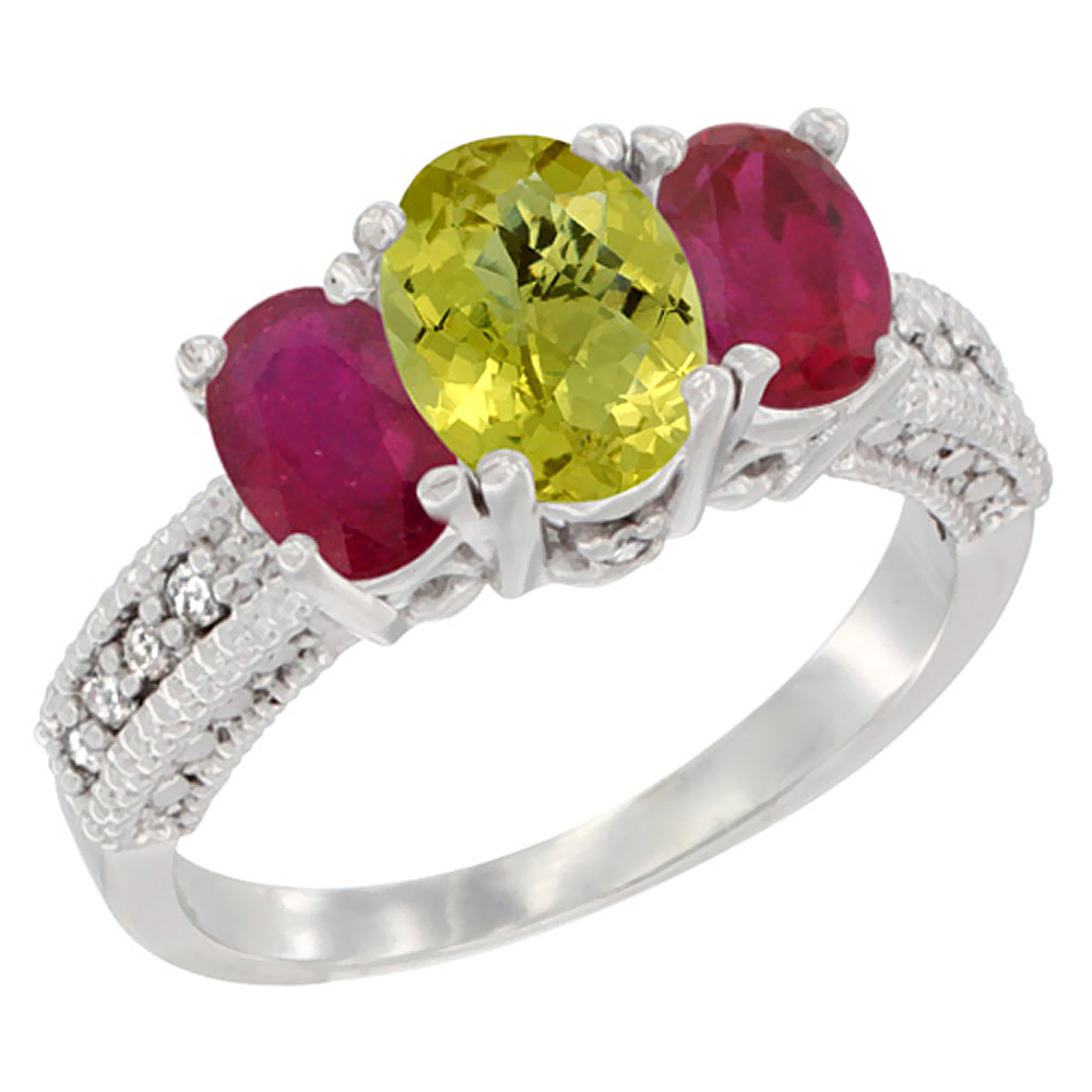 14K White Gold Diamond Natural Lemon Quartz Ring Oval 3-stone with Enhanced Ruby, sizes 5 - 10