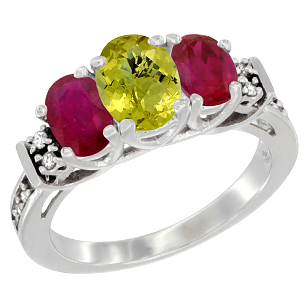 14K White Gold Natural Lemon Quartz & Enhanced Ruby Ring 3-Stone Oval Diamond Accent, sizes 5-10