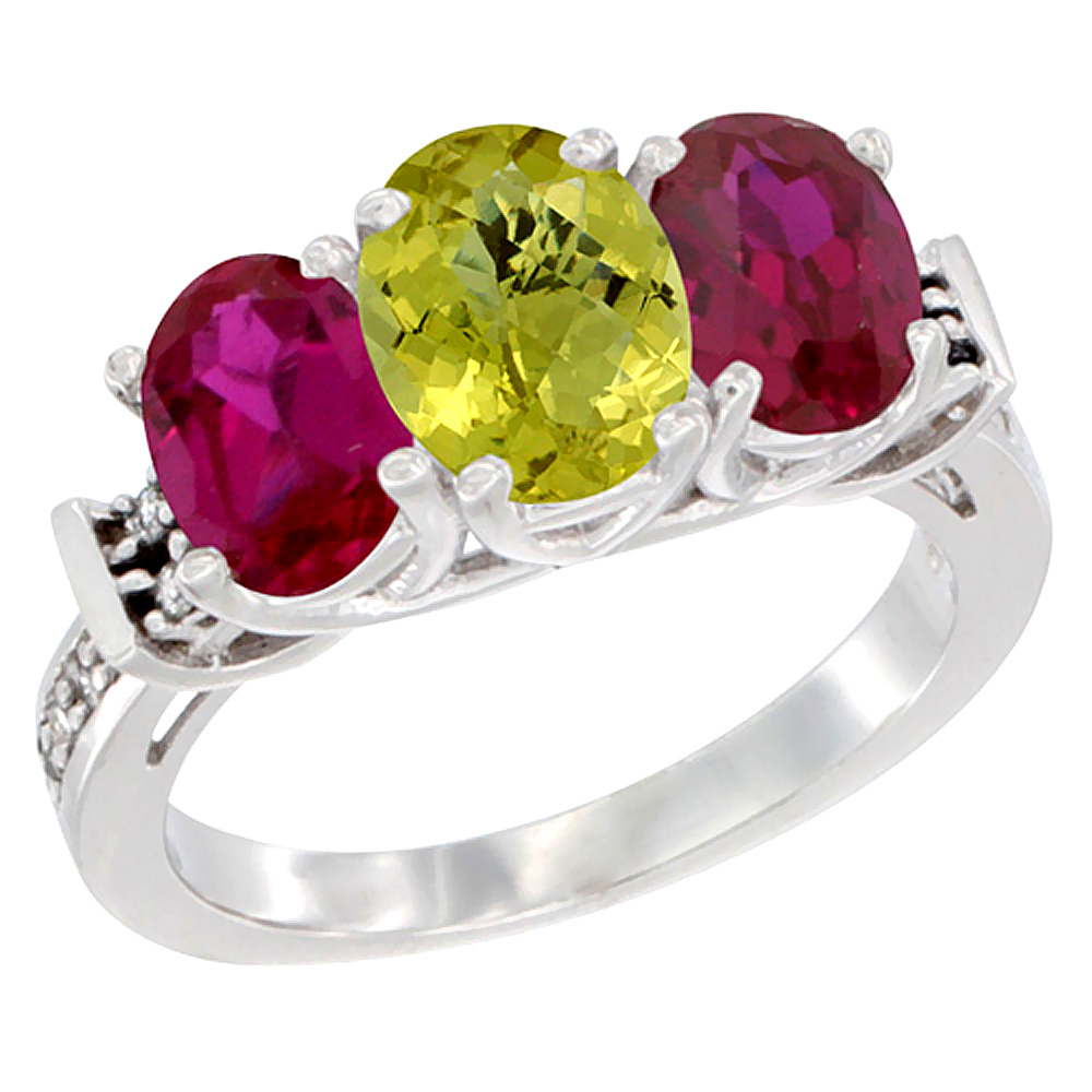 14K White Gold Natural Lemon Quartz & Enhanced Ruby Sides Ring 3-Stone Oval Diamond Accent, sizes 5 - 10