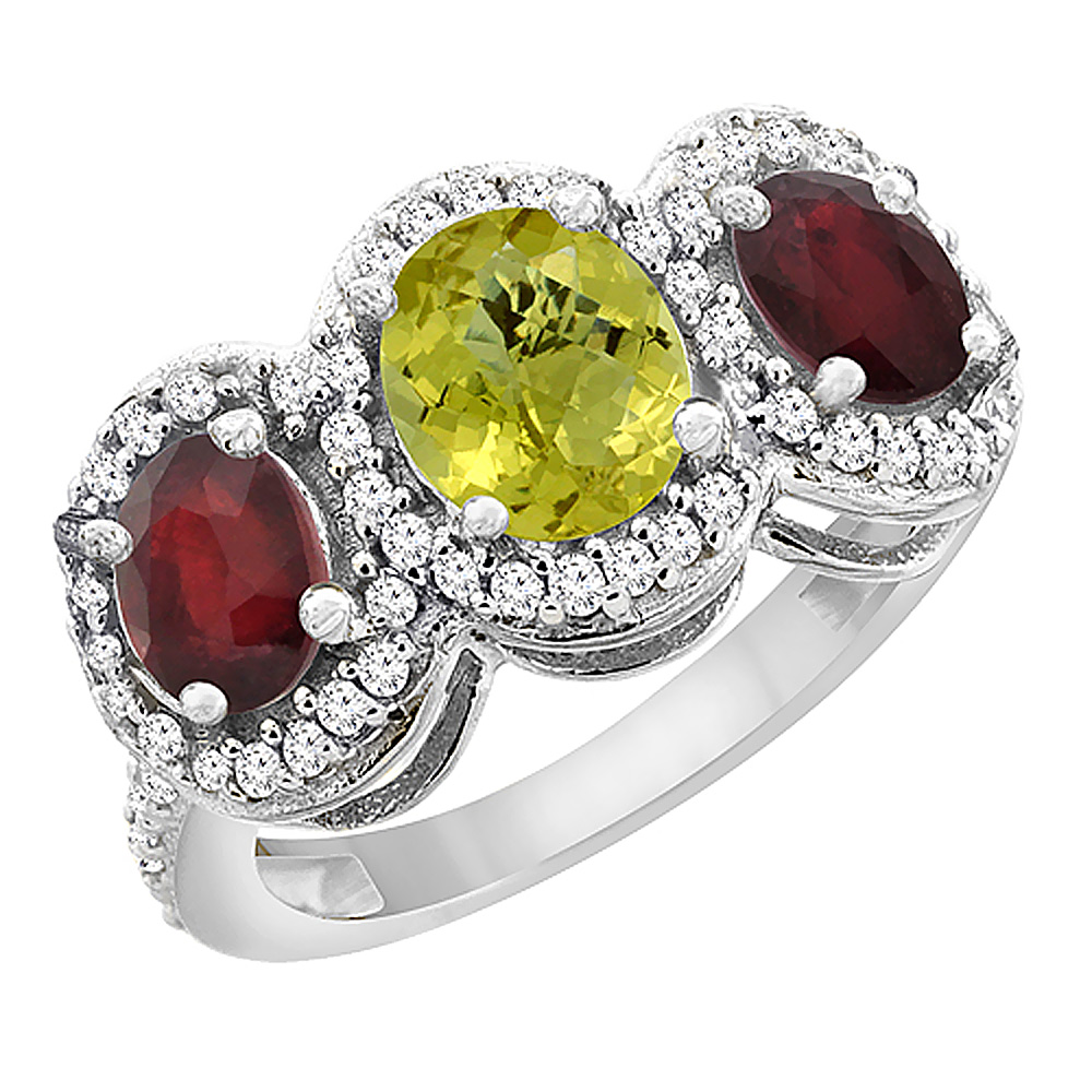 14K White Gold Natural Lemon Quartz & Enhanced Ruby 3-Stone Ring Oval Diamond Accent, sizes 5 - 10