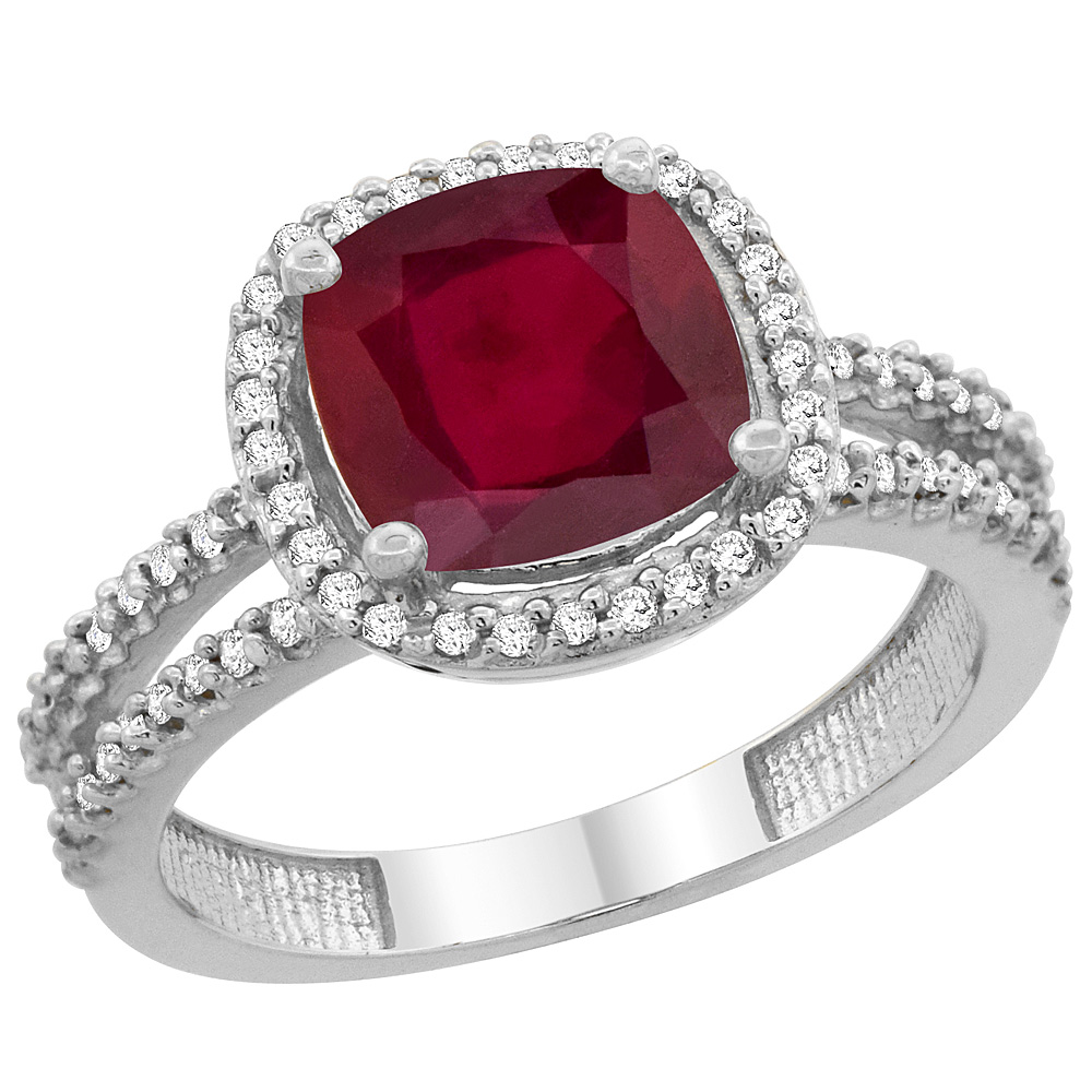 14K White Gold Diamond and Enhanced Genuine Ruby Ring Cushion-cut 8x8 mm, sizes 5 - 10