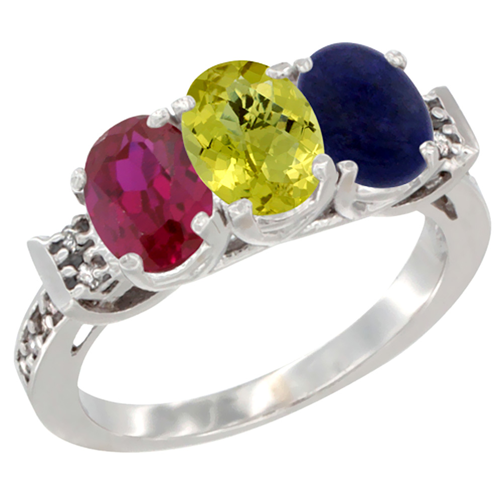 14K White Gold Enhanced Ruby, Natural Lemon Quartz & Lapis Ring 3-Stone Oval 7x5 mm Diamond Accent, sizes 5 - 10