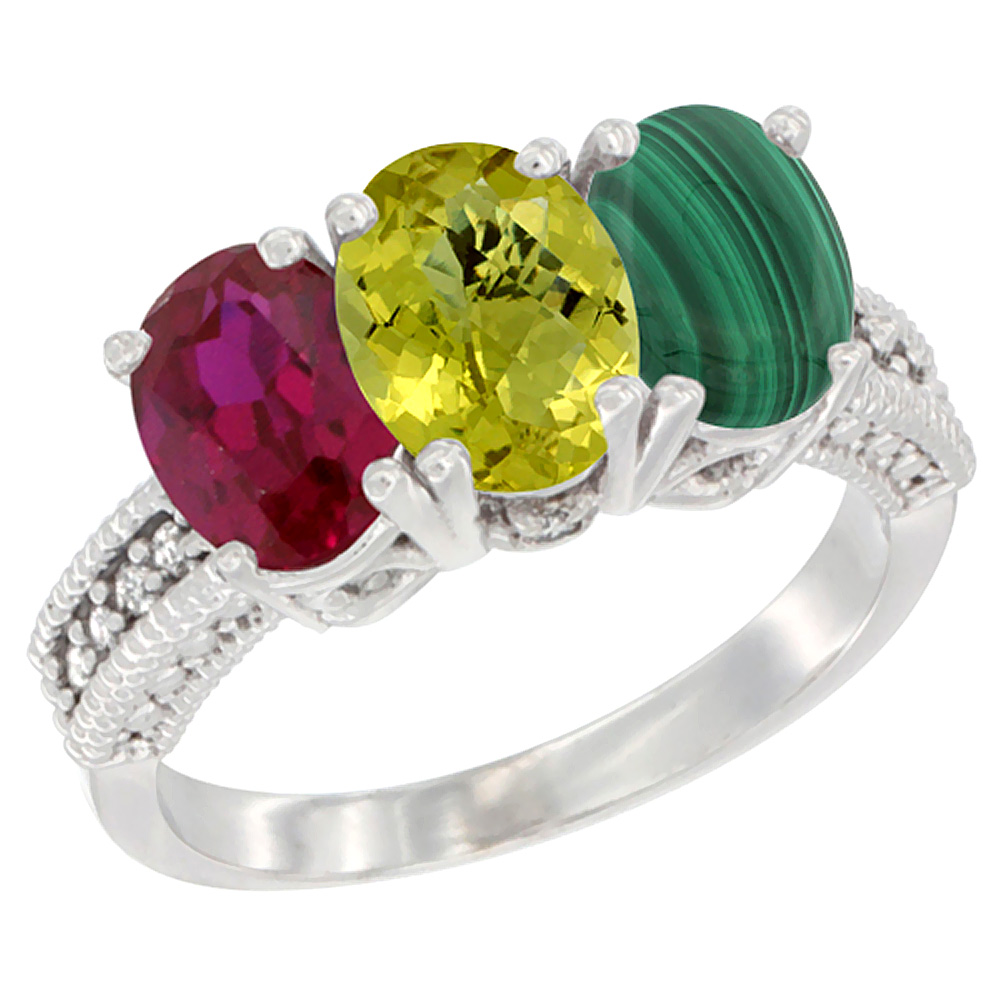 14K White Gold Enhanced Ruby, Natural Lemon Quartz & Malachite Ring 3-Stone 7x5 mm Oval Diamond Accent, sizes 5 - 10