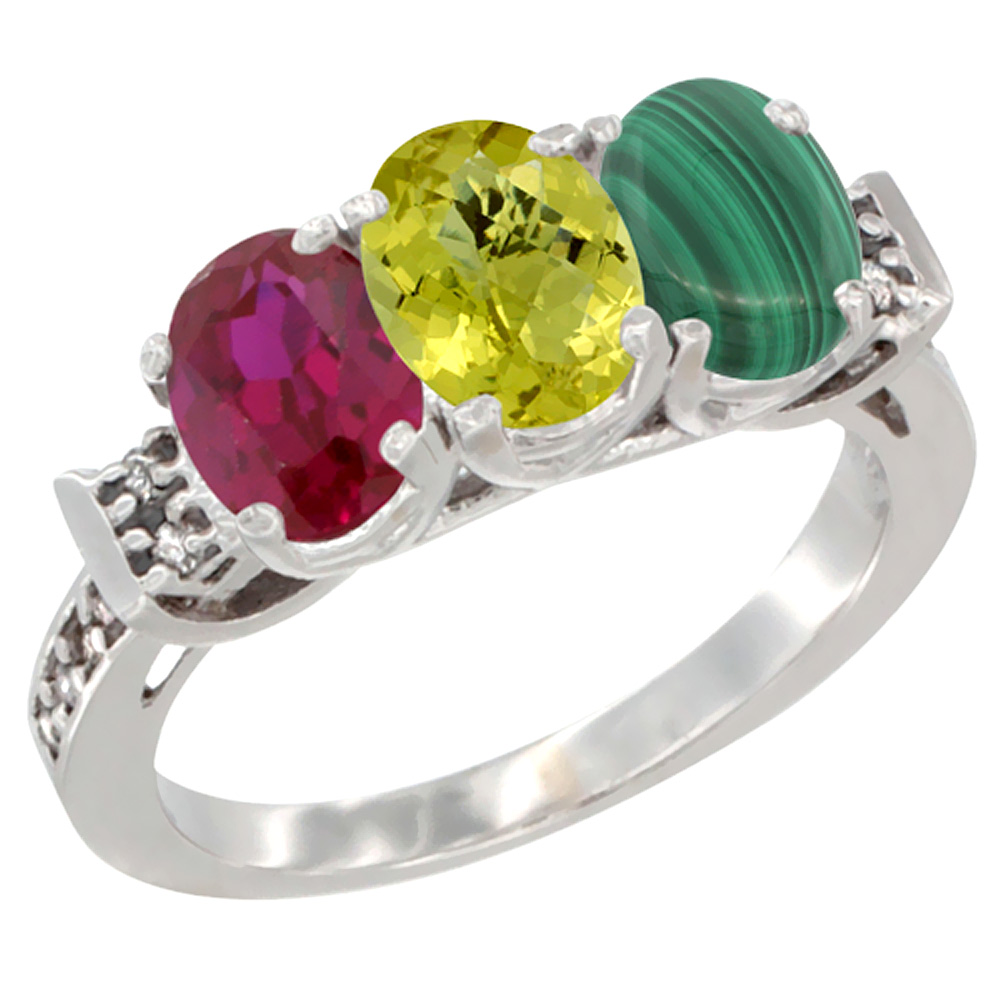 14K White Gold Enhanced Ruby, Natural Lemon Quartz & Malachite Ring 3-Stone Oval 7x5 mm Diamond Accent, sizes 5 - 10