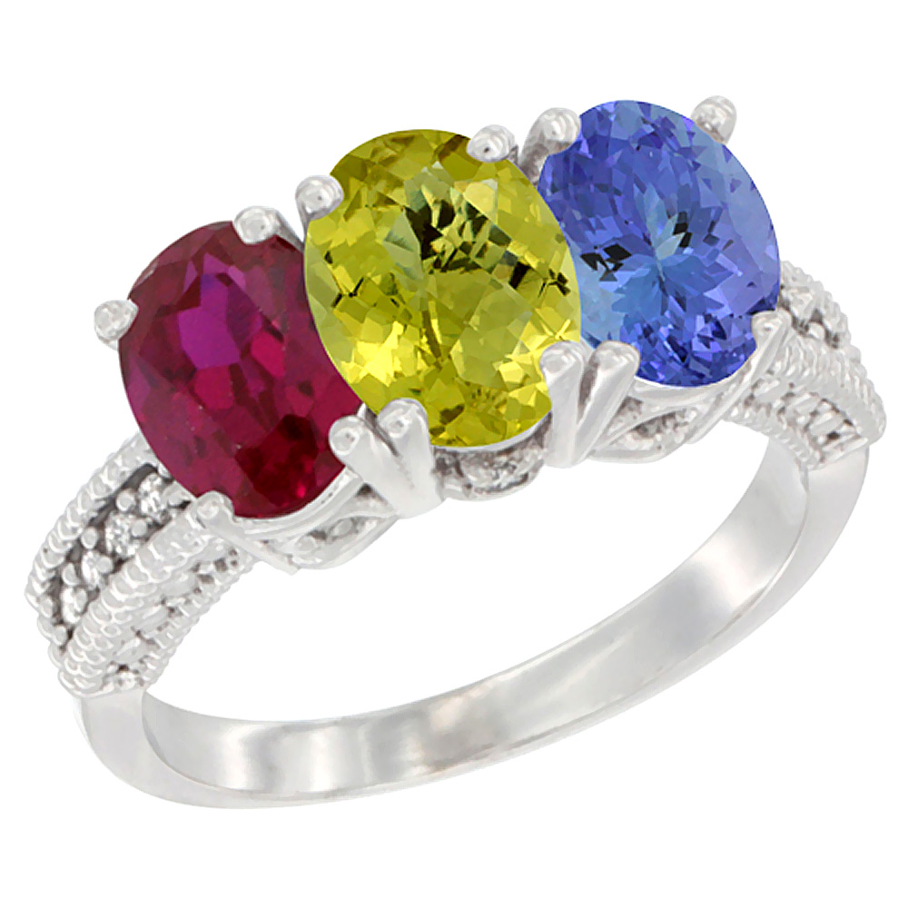 14K White Gold Enhanced Ruby, Natural Lemon Quartz & Tanzanite Ring 3-Stone 7x5 mm Oval Diamond Accent, sizes 5 - 10