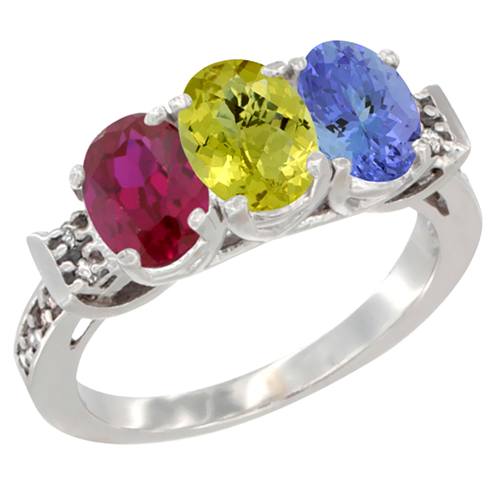 14K White Gold Enhanced Ruby, Natural Lemon Quartz &amp; Tanzanite Ring 3-Stone Oval 7x5 mm Diamond Accent, sizes 5 - 10