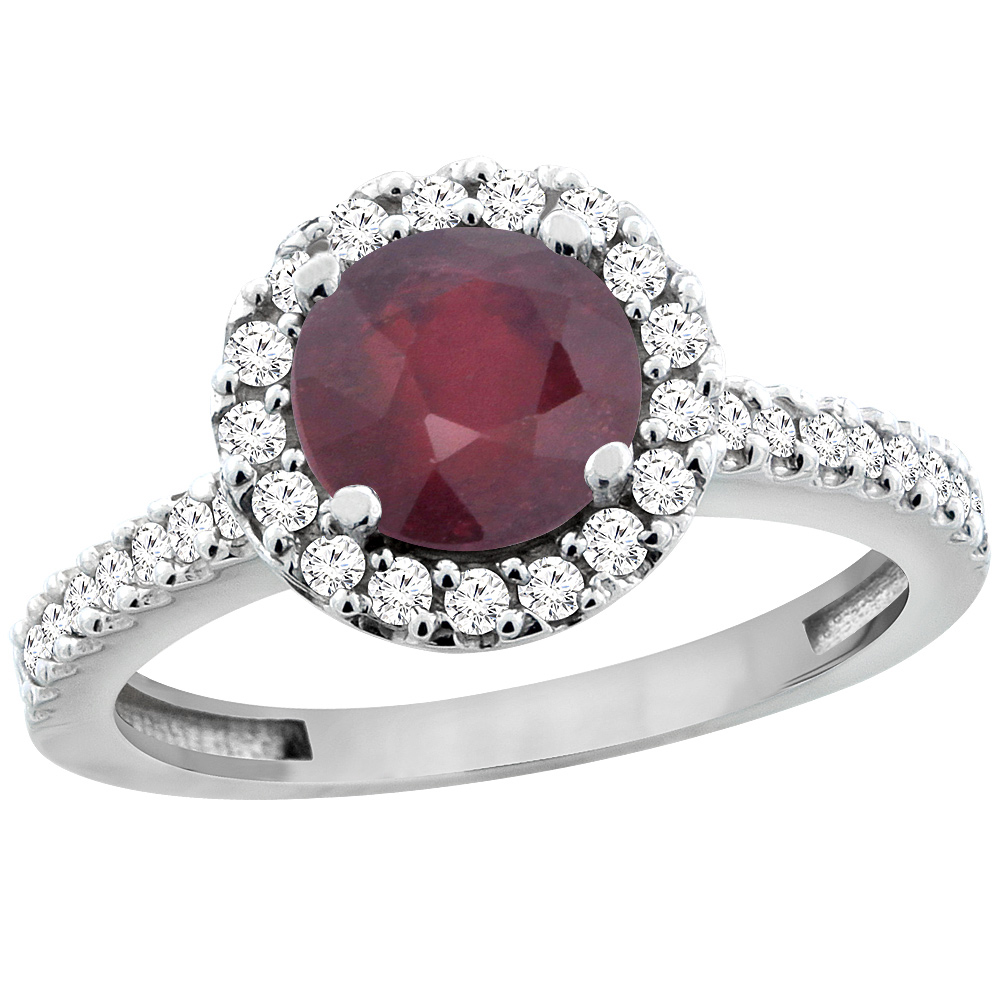 14K White Gold Enhanced Ruby Ring Round 6mm Floating Halo Diamond, sizes 5 - 10