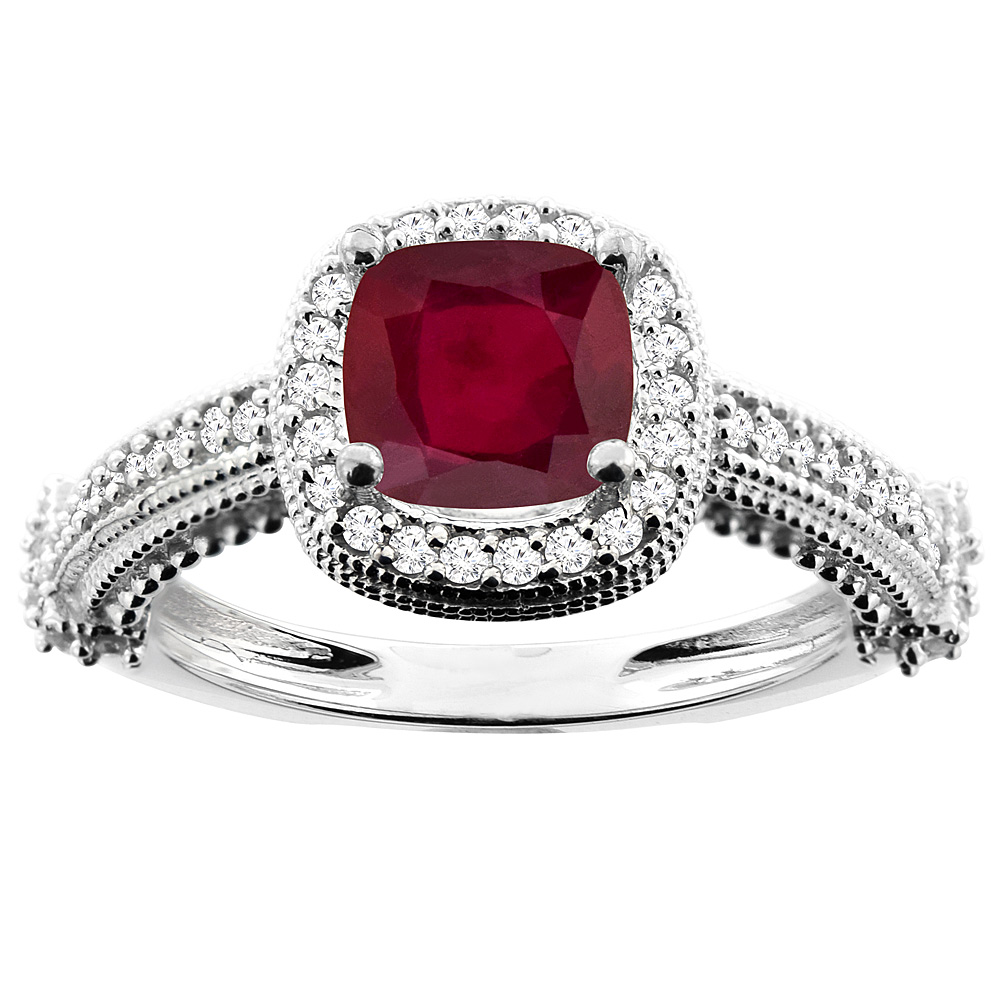 10K White/Yellow Gold Diamond and Enhanced Genuine Ruby Ring Cushion-cut 7x7mm, sizes 5 - 10