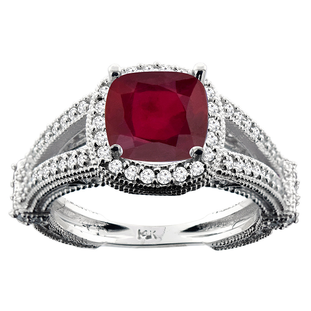 10K White/Yellow Gold Diamond and Enhanced Genuine Ruby Cushion-cut 8x8mm, sizes 5 - 10