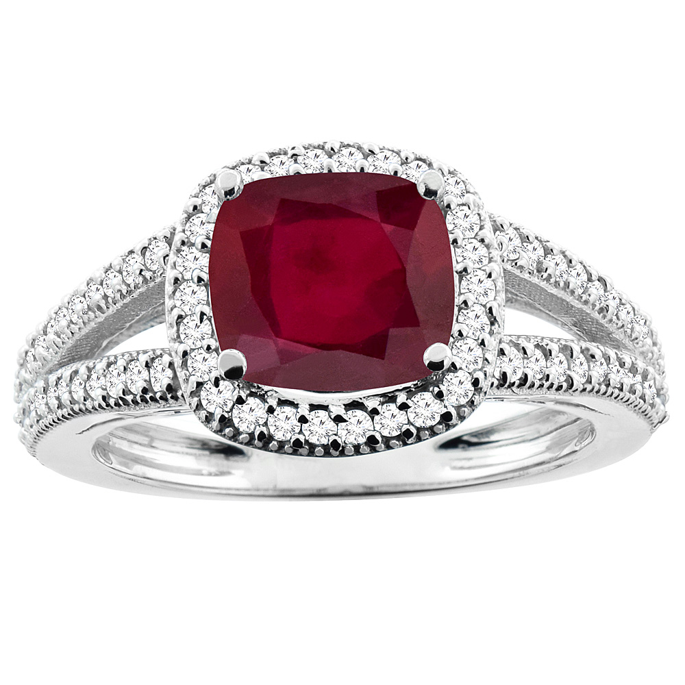 14K White Gold Diamond and Enhanced Genuine Ruby Ring Cushion-cut 7x7mm, sizes 5 - 10