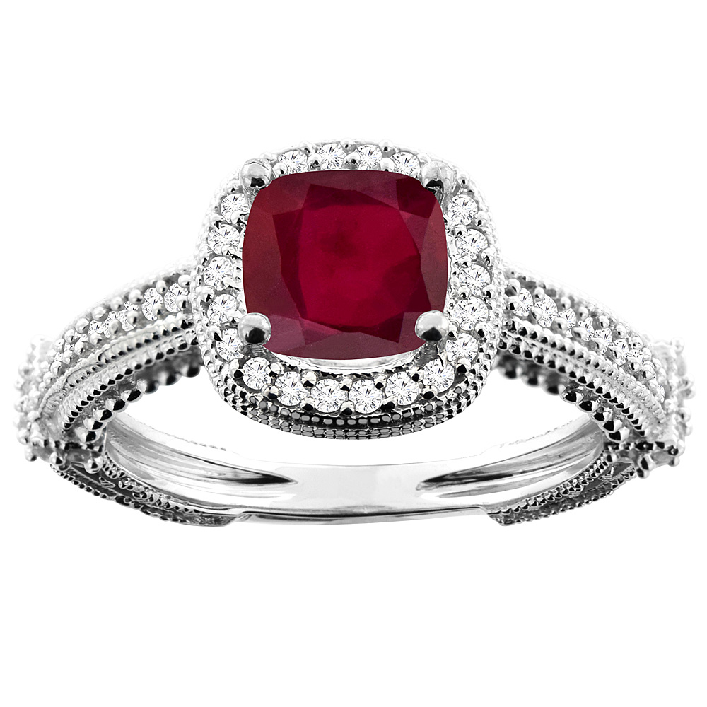 14K White/Yellow Gold Diamond and Enhanced Genuine Ruby Ring Cushion-cut 7x7mm, sizes 5 - 10