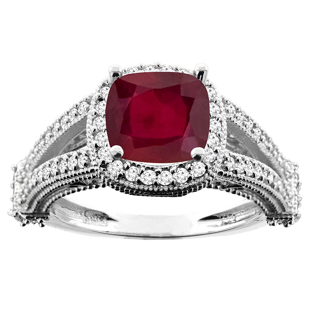 14K White/Yellow Gold Diamond and Enhanced Genuine Ruby Split Shank Ring Cushion-cut 7x7mm, sizes 5 - 10