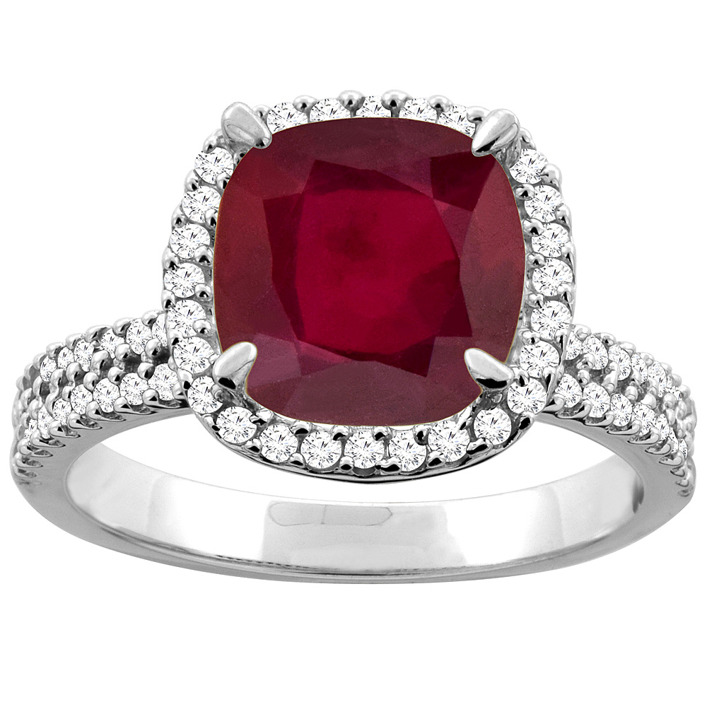 14K White/Yellow Gold Diamond and Enhanced Genuine Ruby Halo Ring Cushion-cut 9x9mm, sizes 5 - 10