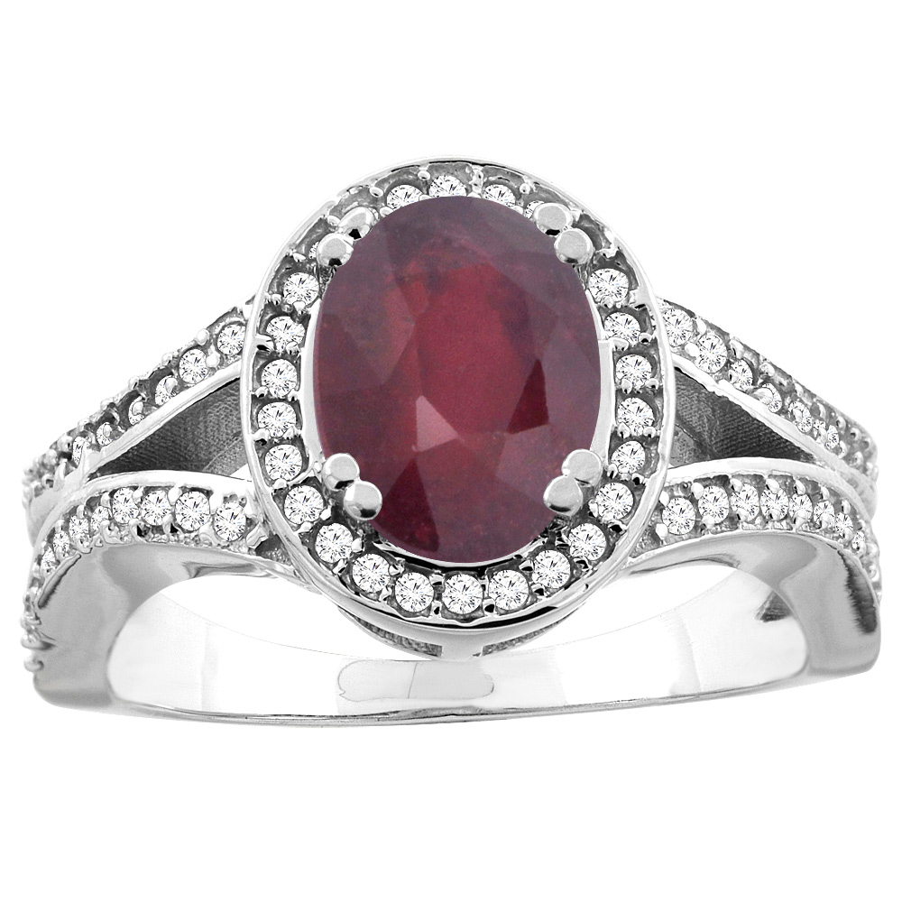 10K White/Yellow Gold Enhanced Ruby Split Ring Oval 8x6mm Diamond Accent, sizes 5 - 10