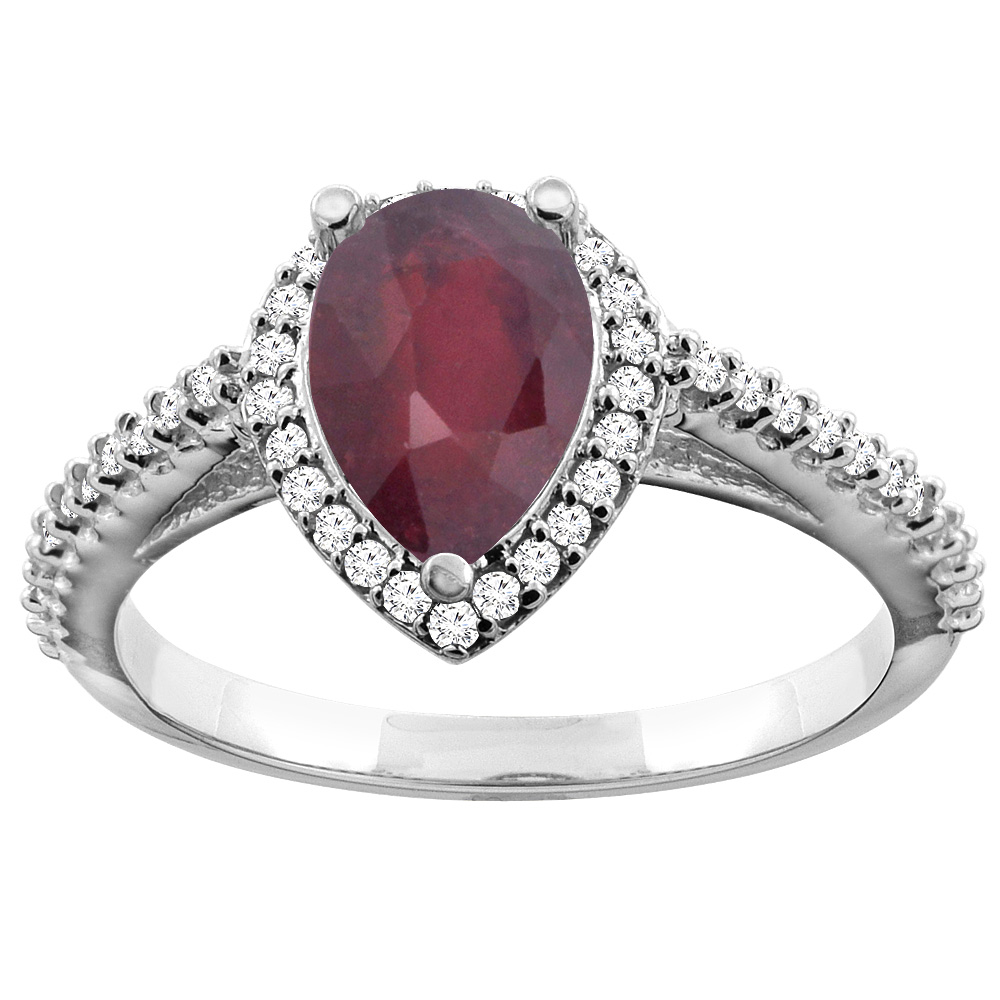10K White Gold Enhanced Ruby Ring Pear 9x7mm Diamond Accents, sizes 5 - 10