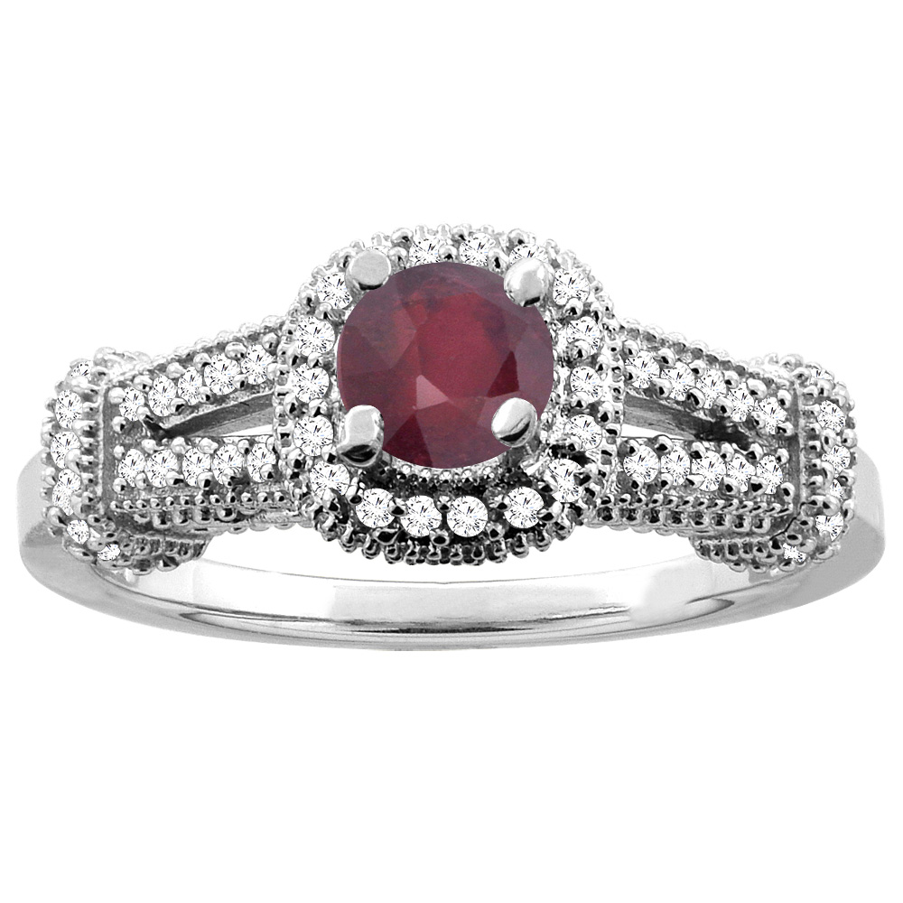 10K White Gold Natural Enhanced Ruby Engagement Halo Ring Round 5mm Diamond Accents, sizes 5 - 10