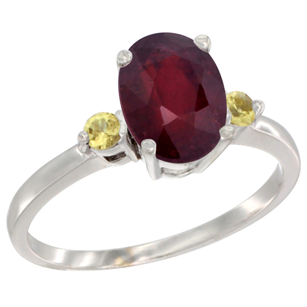 14K White Gold Enhanced Ruby Ring Oval 9x7 mm Yellow Sapphire Accent, sizes 5 to 10