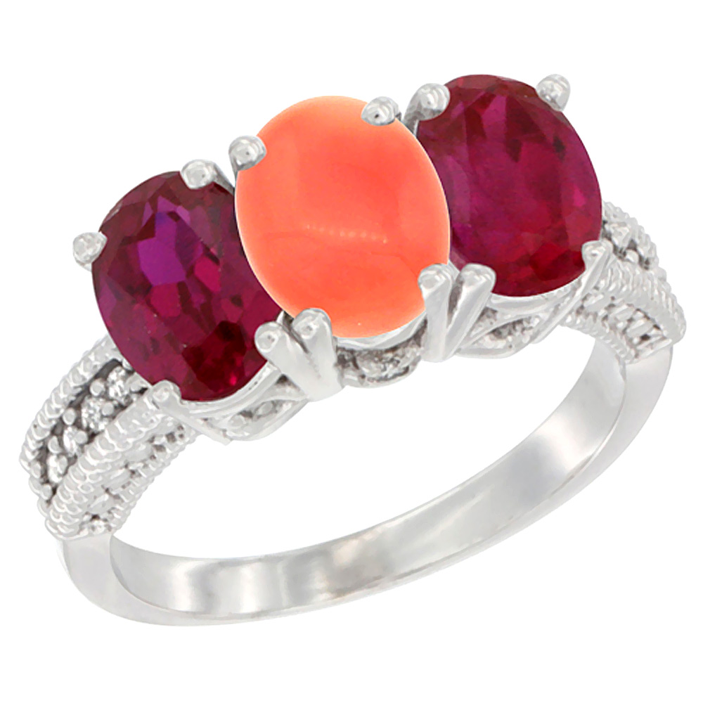 14K White Gold Natural Coral & Enhanced Ruby Sides Ring 3-Stone 7x5 mm Oval Diamond Accent, sizes 5 - 10