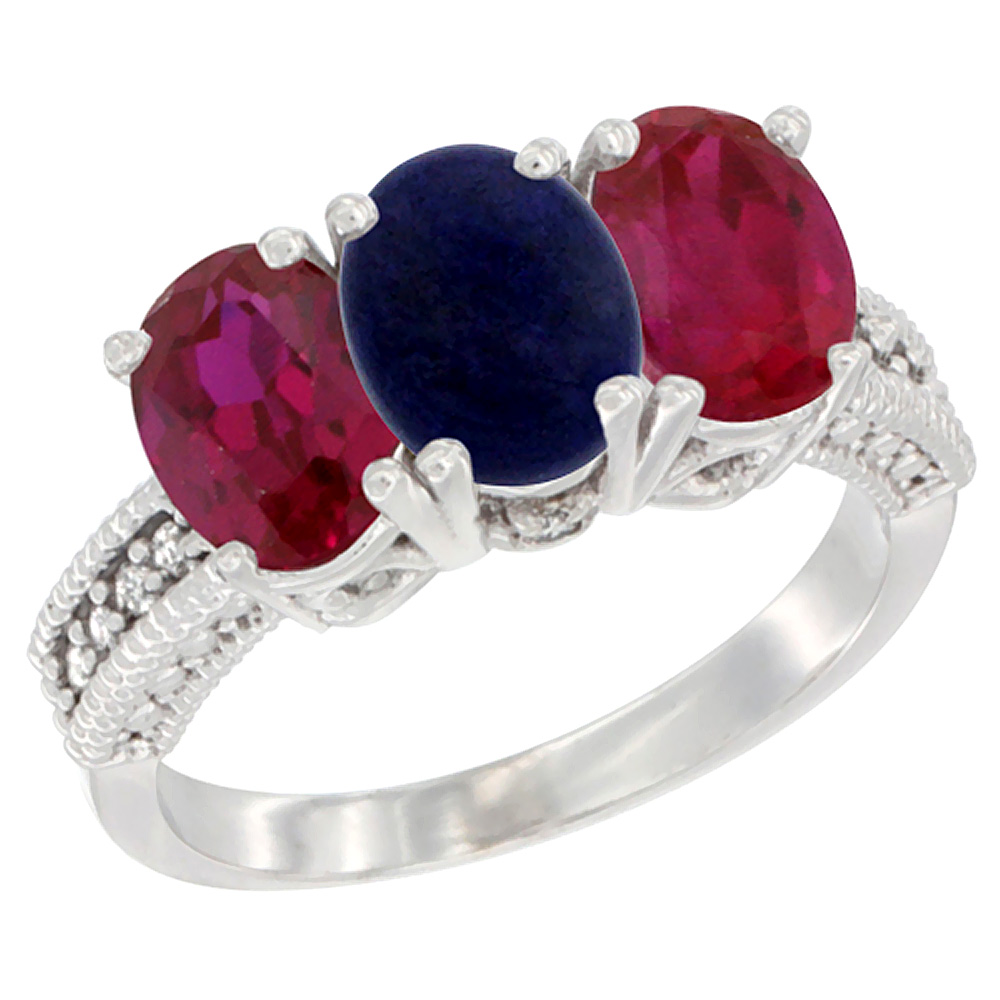 10K White Gold Diamond Natural Lapis & Enhanced Ruby Ring 3-Stone 7x5 mm Oval, sizes 5 - 10