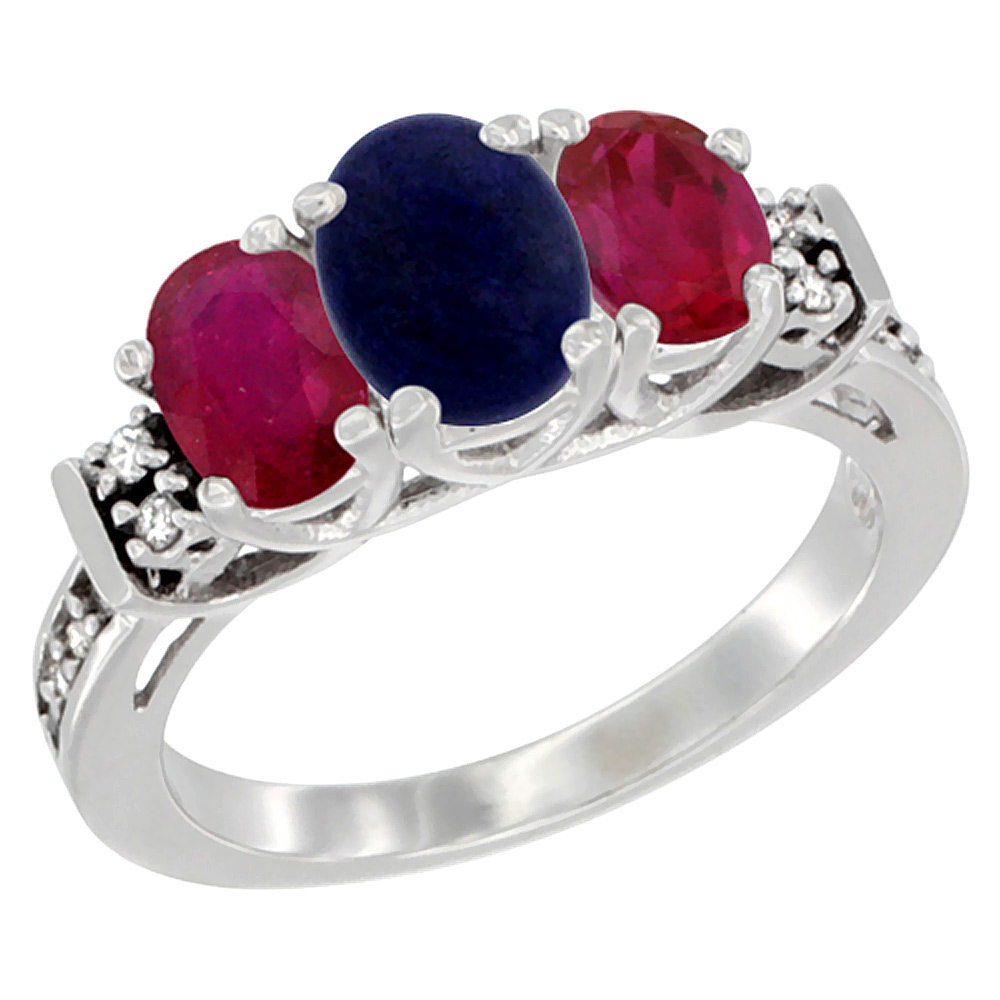 10K White Gold Natural Lapis & Enhanced Ruby Ring 3-Stone Oval Diamond Accent, sizes 5-10