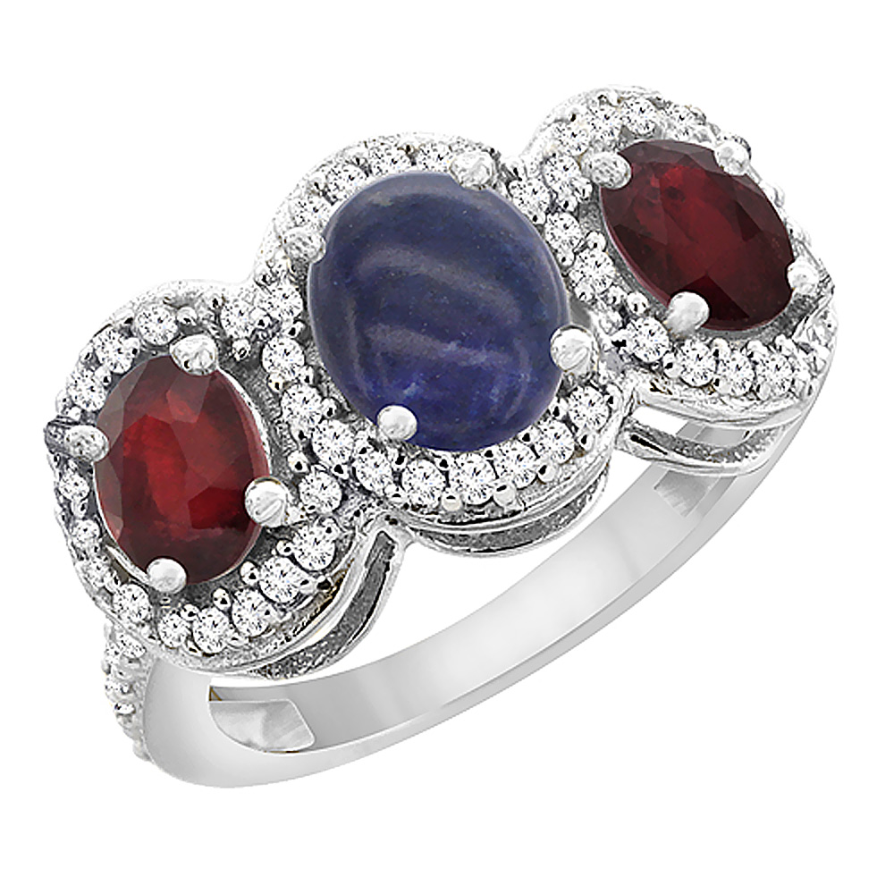 10K White Gold Natural Lapis & Enhanced Ruby 3-Stone Ring Oval Diamond Accent, sizes 5 - 10