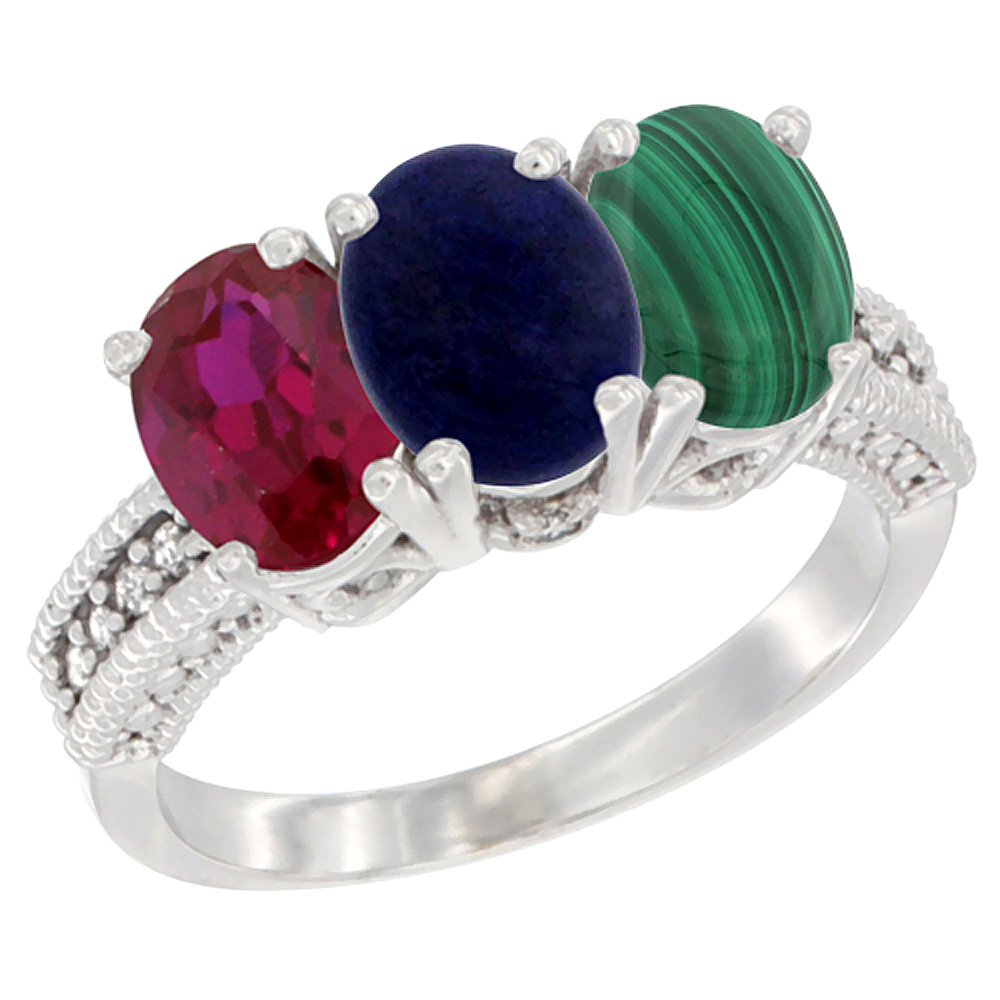 14K White Gold Enhanced Ruby, Natural Lapis & Malachite Ring 3-Stone 7x5 mm Oval Diamond Accent, sizes 5 - 10