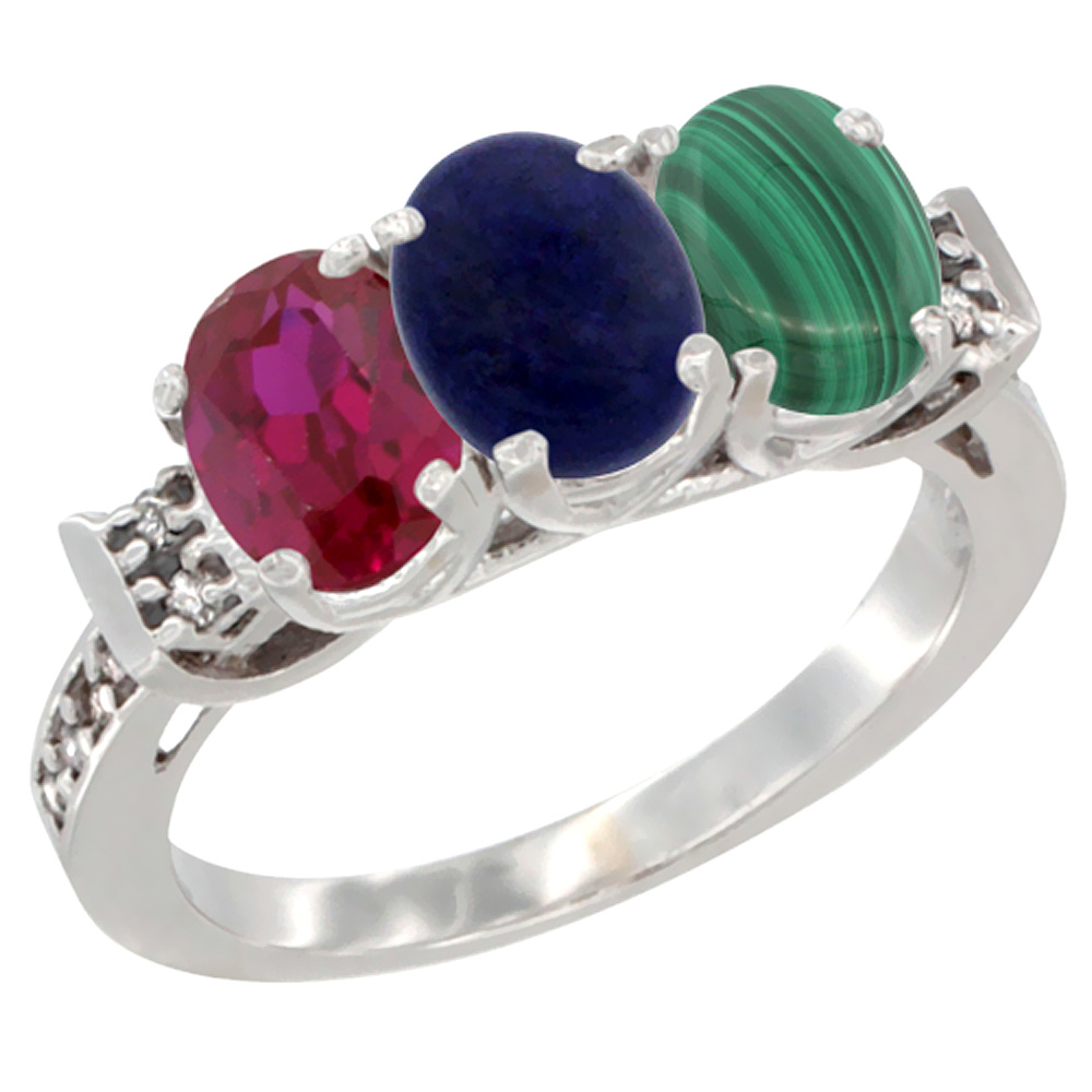 14K White Gold Enhanced Ruby, Natural Lapis & Malachite Ring 3-Stone Oval 7x5 mm Diamond Accent, sizes 5 - 10