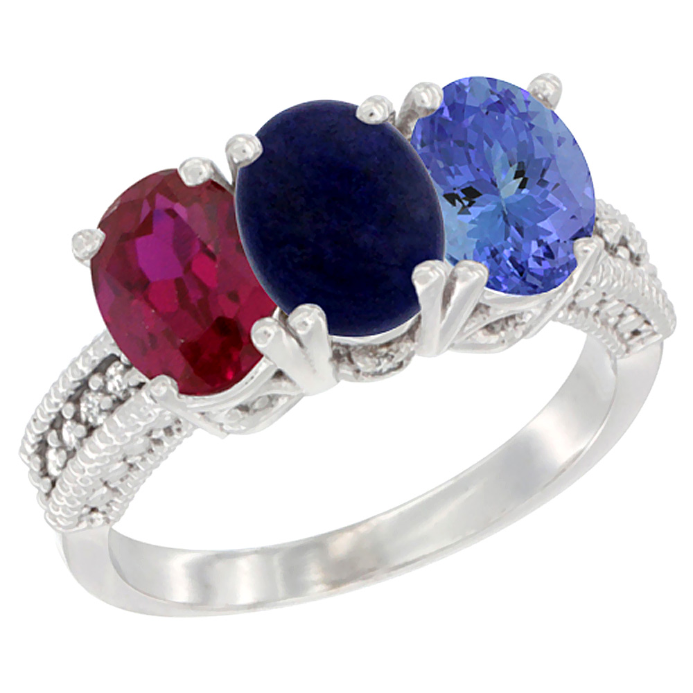 14K White Gold Enhanced Ruby, Natural Lapis & Tanzanite Ring 3-Stone 7x5 mm Oval Diamond Accent, sizes 5 - 10