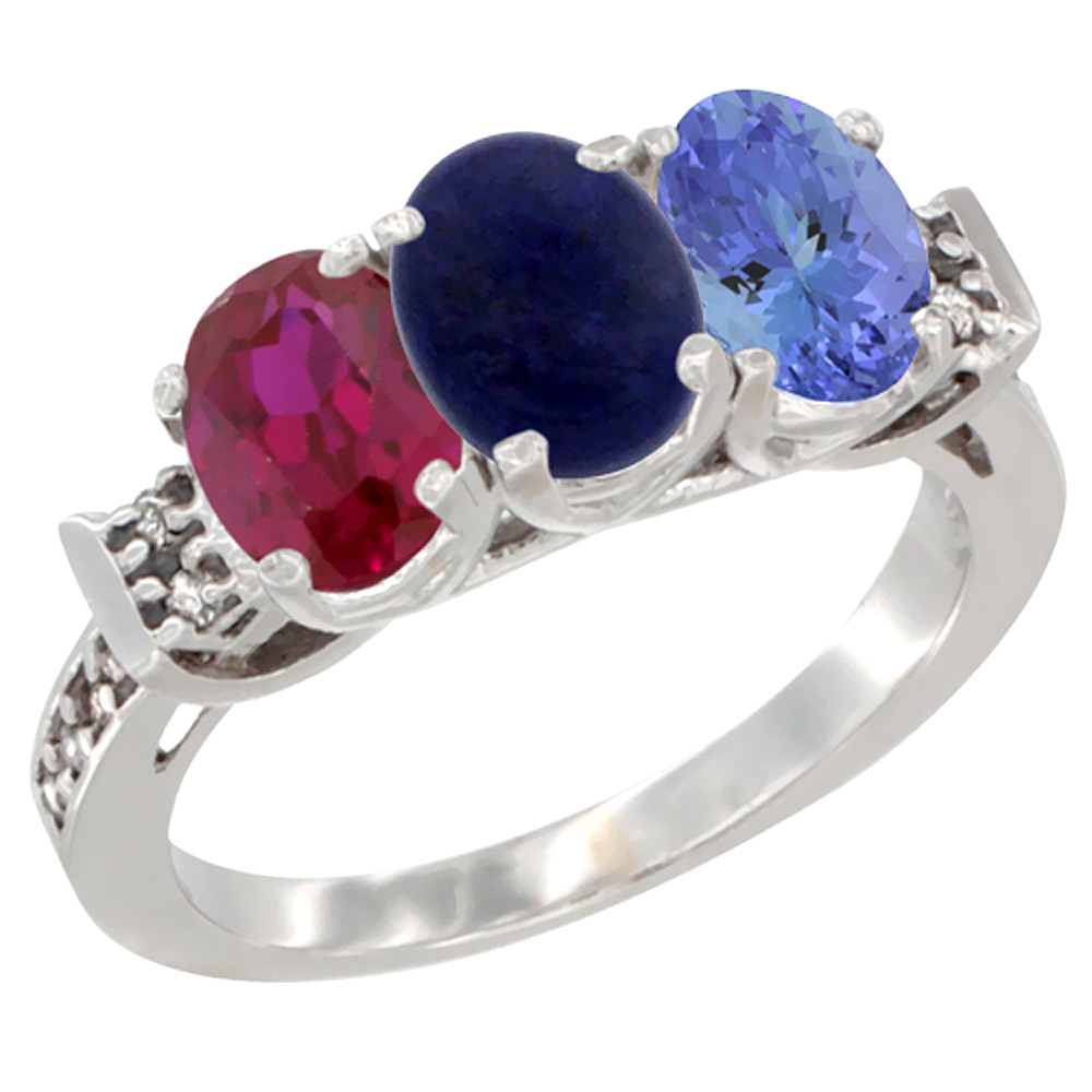 10K White Gold Enhanced Ruby, Natural Lapis &amp; Tanzanite Ring 3-Stone Oval 7x5 mm Diamond Accent, sizes 5 - 10