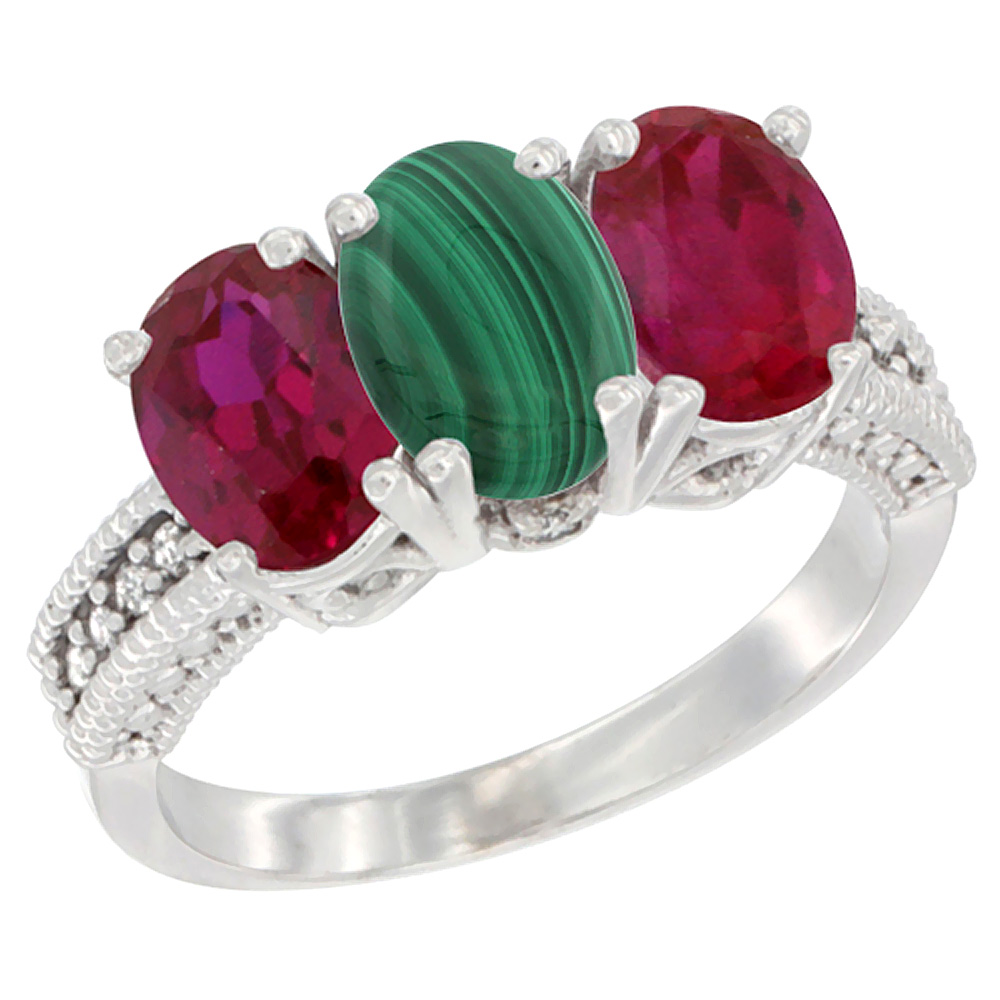 14K White Gold Natural Malachite & Enhanced Ruby Sides Ring 3-Stone 7x5 mm Oval Diamond Accent, sizes 5 - 10