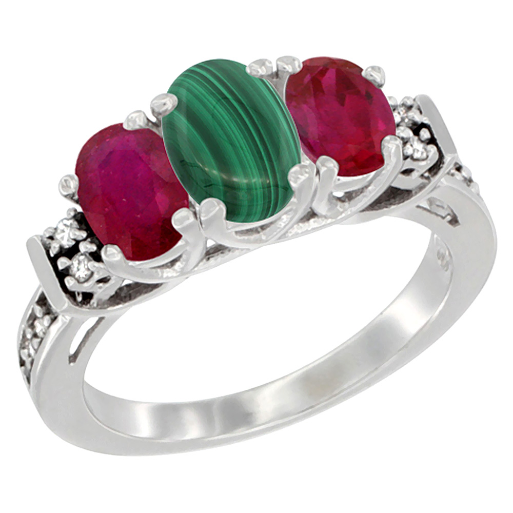 10K White Gold Natural Malachite & Enhanced Ruby Ring 3-Stone Oval Diamond Accent, sizes 5-10