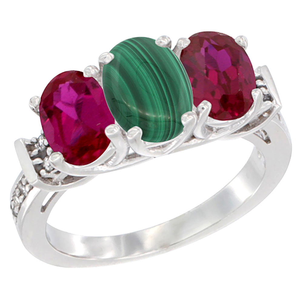 14K White Gold Natural Malachite & Enhanced Ruby Sides Ring 3-Stone Oval Diamond Accent, sizes 5 - 10