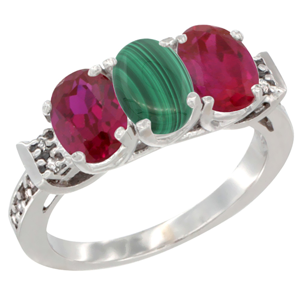 14K White Gold Natural Malachite & Enhanced Ruby Sides Ring 3-Stone Oval 7x5 mm Diamond Accent, sizes 5 - 10