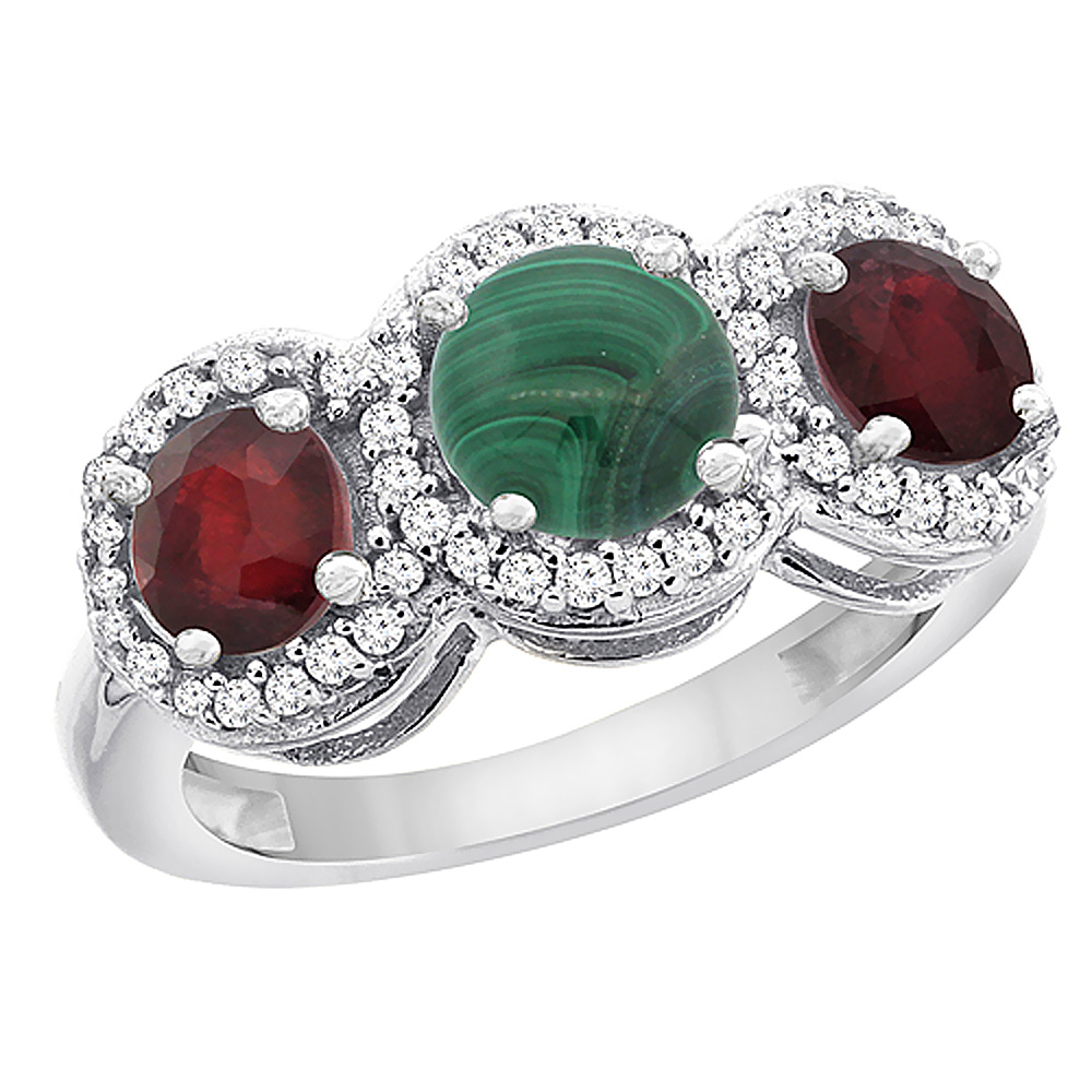 14K White Gold Natural Malachite &amp; Enhanced Ruby Sides Round 3-stone Ring Diamond Accents, sizes 5 - 10