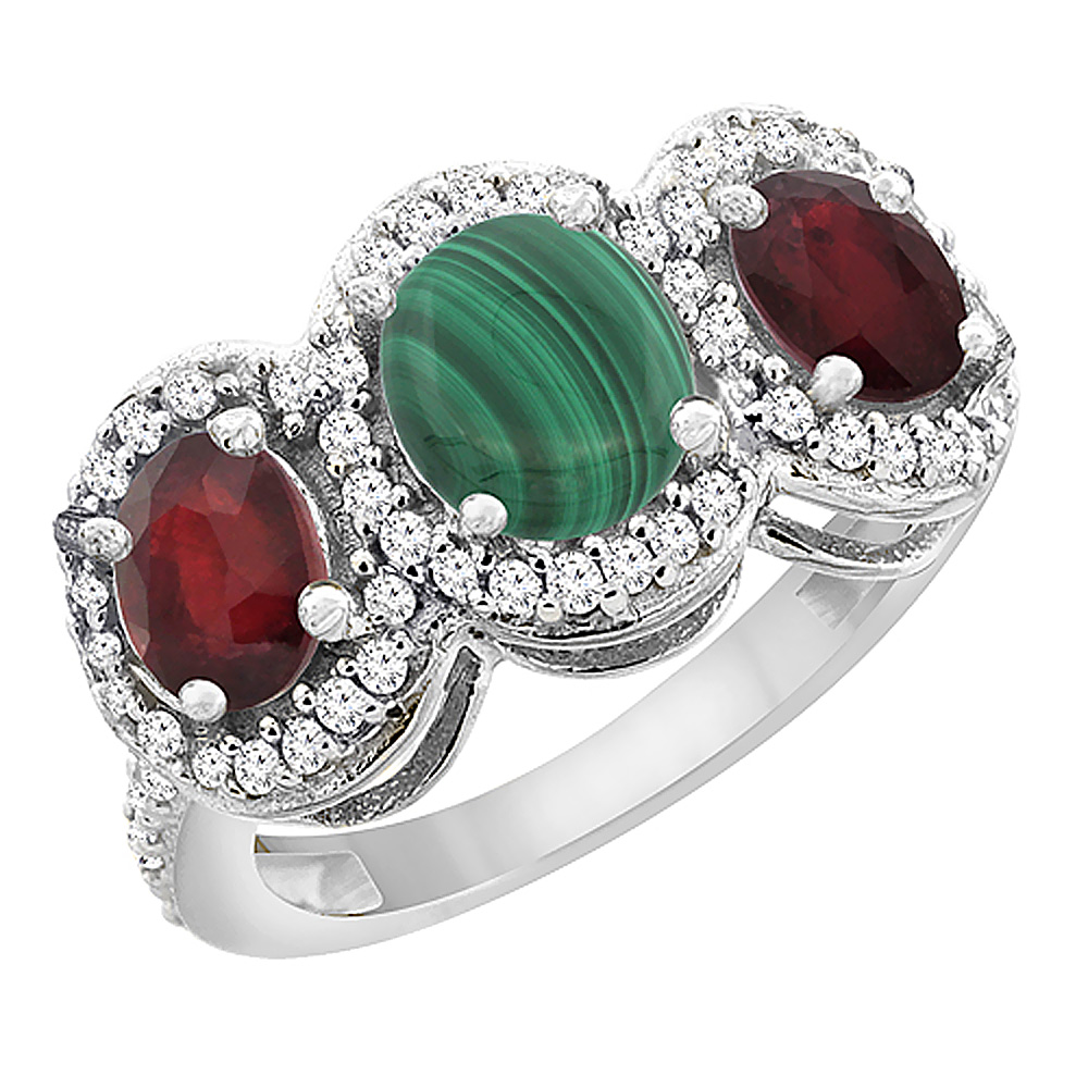 14K White Gold Natural Malachite &amp; Enhanced Ruby 3-Stone Ring Oval Diamond Accent, sizes 5 - 10