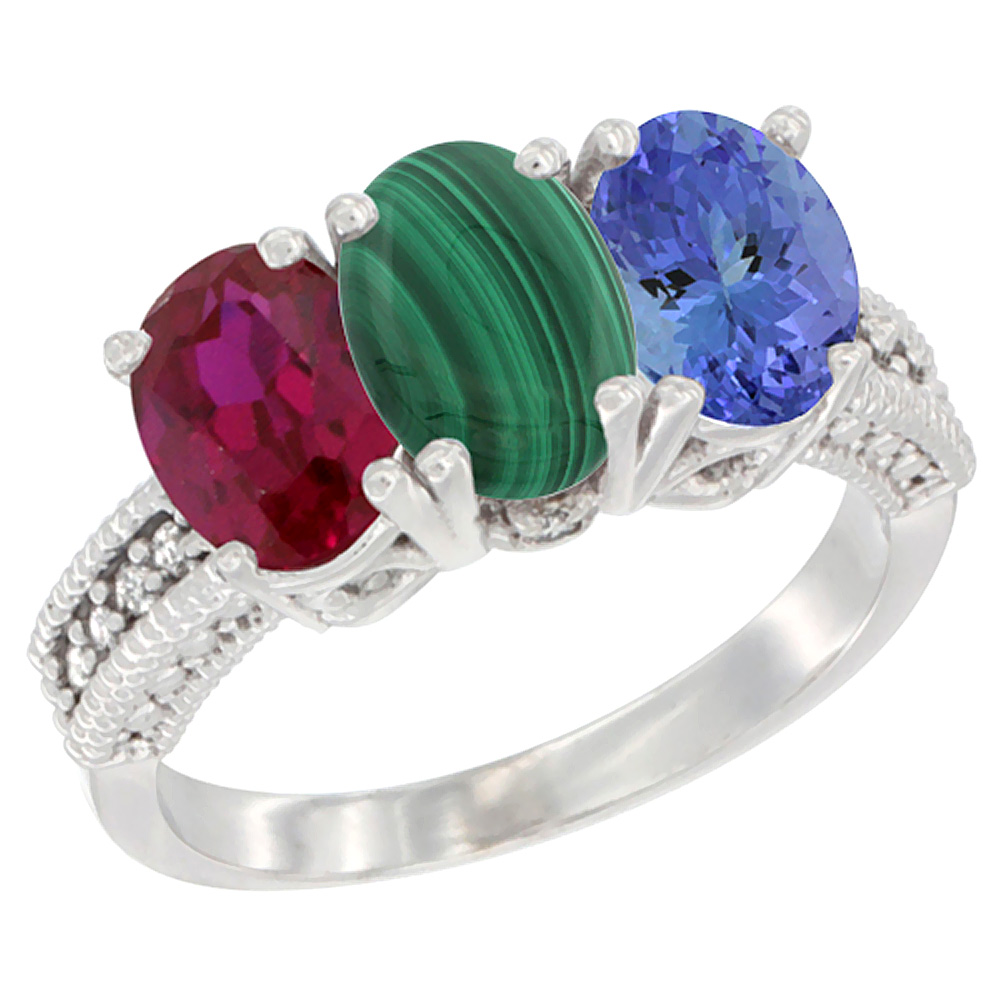 14K White Gold Enhanced Ruby, Natural Malachite & Tanzanite Ring 3-Stone 7x5 mm Oval Diamond Accent, sizes 5 - 10