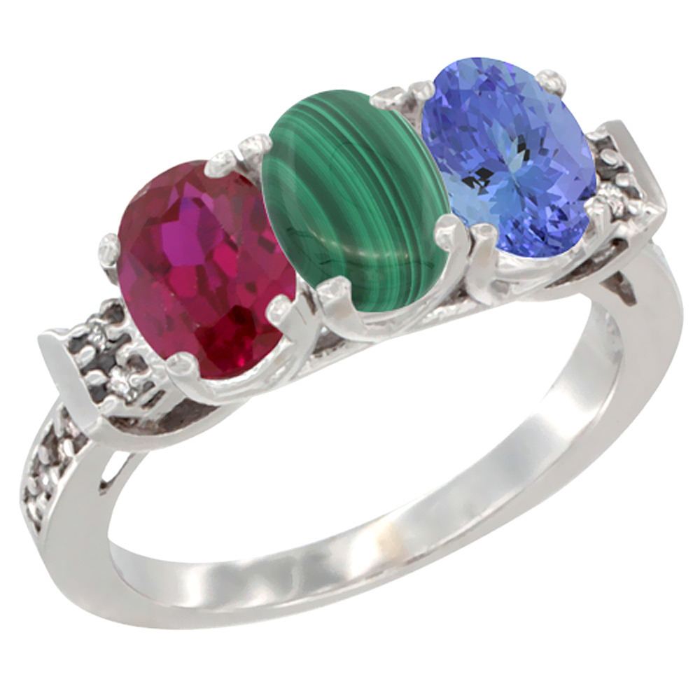 14K White Gold Enhanced Ruby, Natural Malachite &amp; Tanzanite Ring 3-Stone Oval 7x5 mm Diamond Accent, sizes 5 - 10